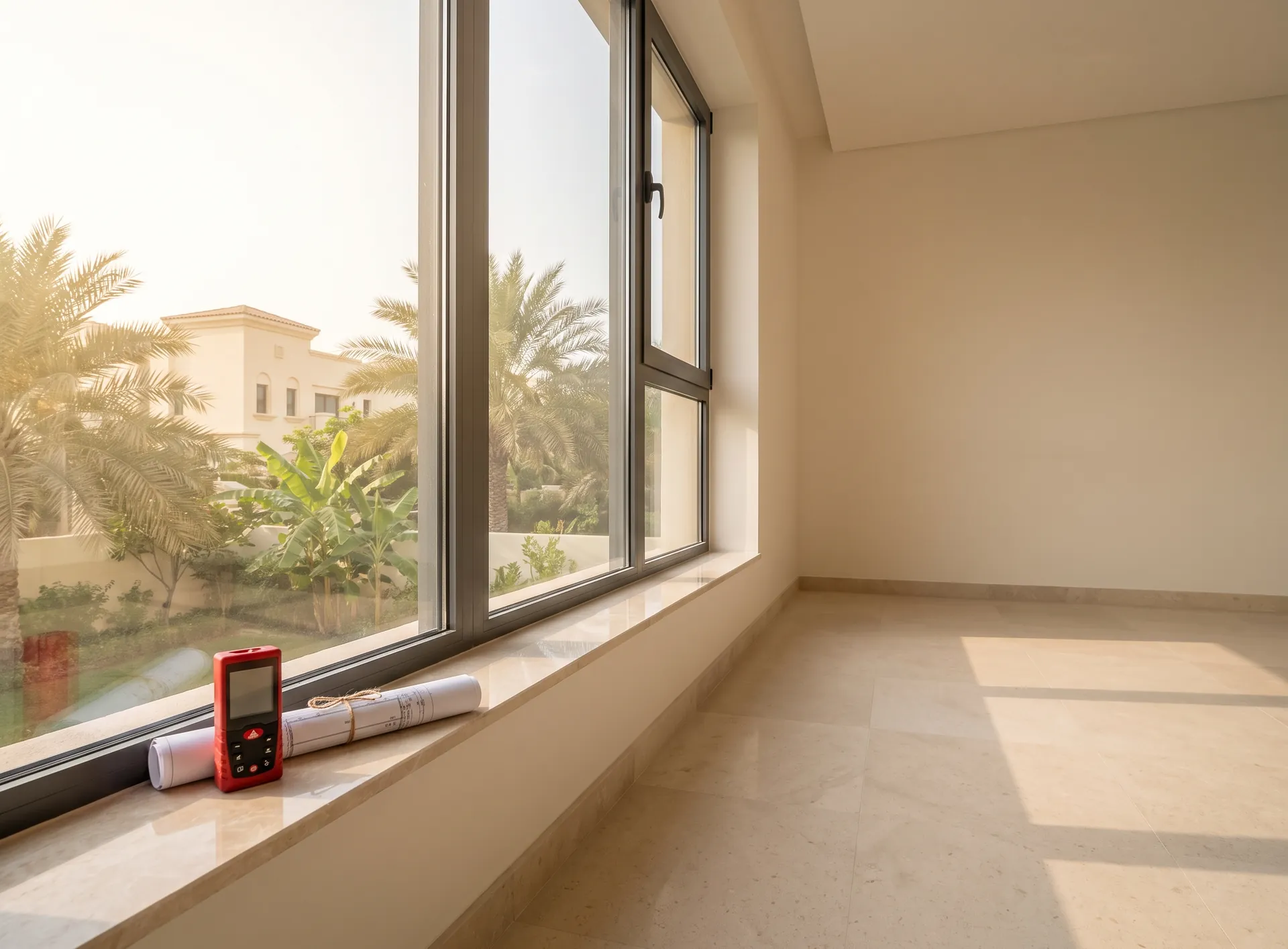 Empty Dubai villa room with a large aluminium window opening, a laser measure and a folded drawing on the marble sill in morning light