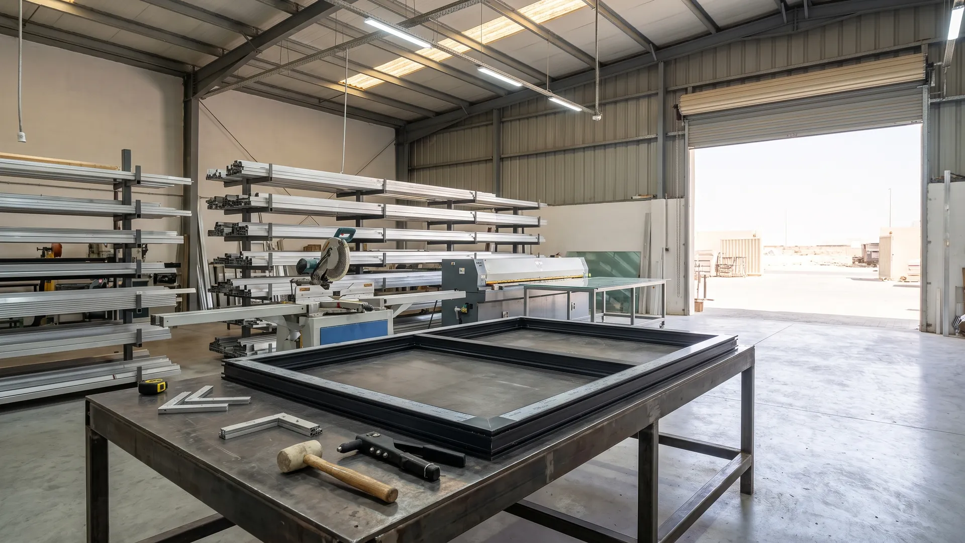 Aluminium window fabrication bench in a Dubai workshop with cut profile bars in a rack and an assembled dark anodised frame lying flat