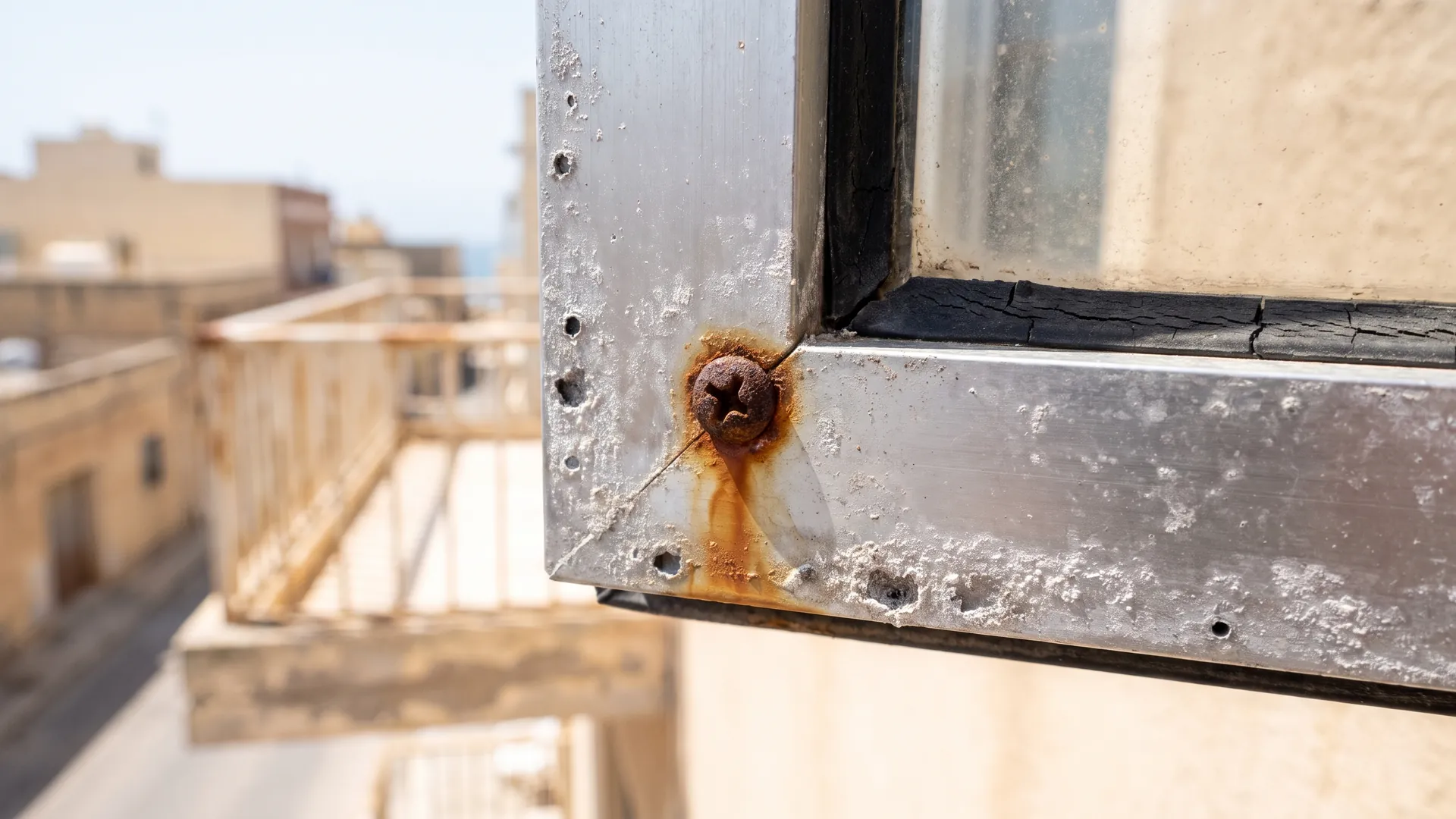 Corroded fixing and white pitted bloom on the aluminium corner of an old window frame on a coastal Dubai building
