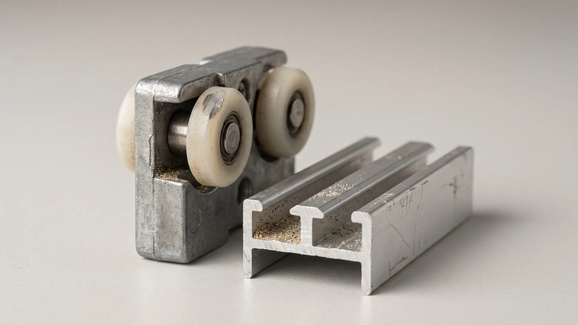 Macro view of a worn aluminium sliding window roller carriage lifted out of its track with the wheel flattened on one side