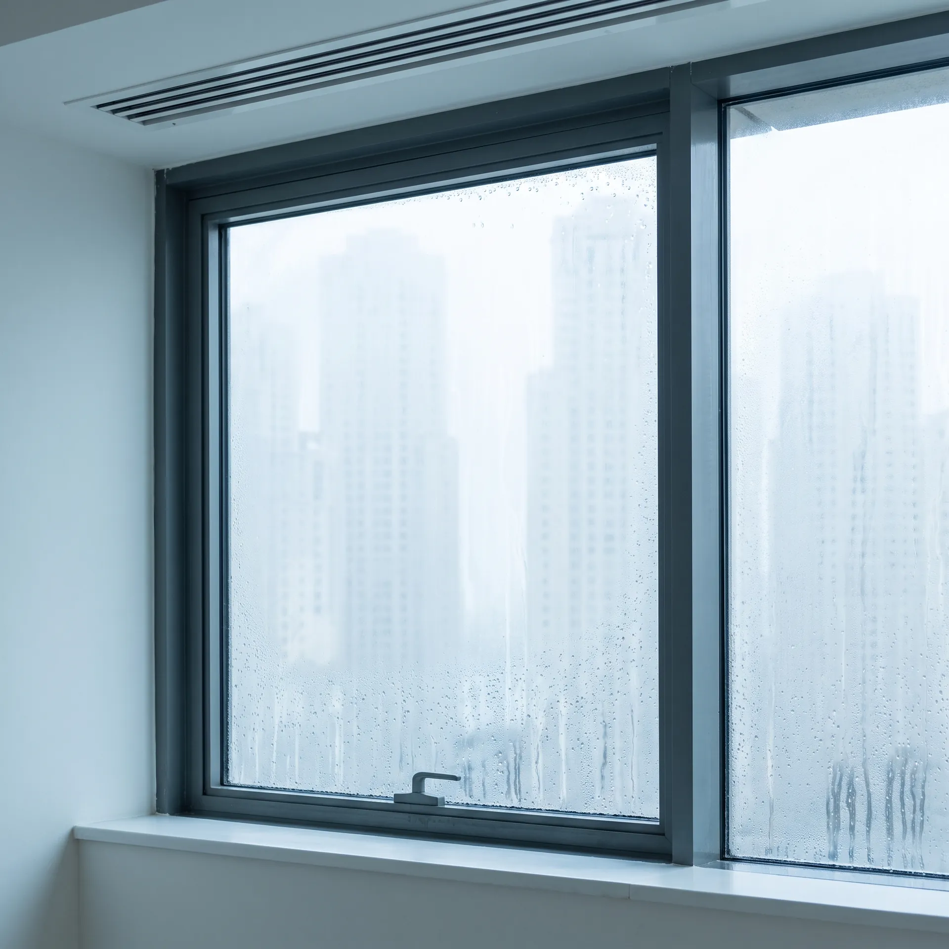 Condensation droplets covering the room side of a large aluminium framed window in a Dubai apartment