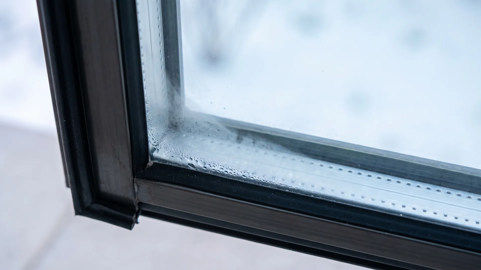 Macro view of a sealed glazing unit with haze and droplets trapped in the cavity above the spacer bar