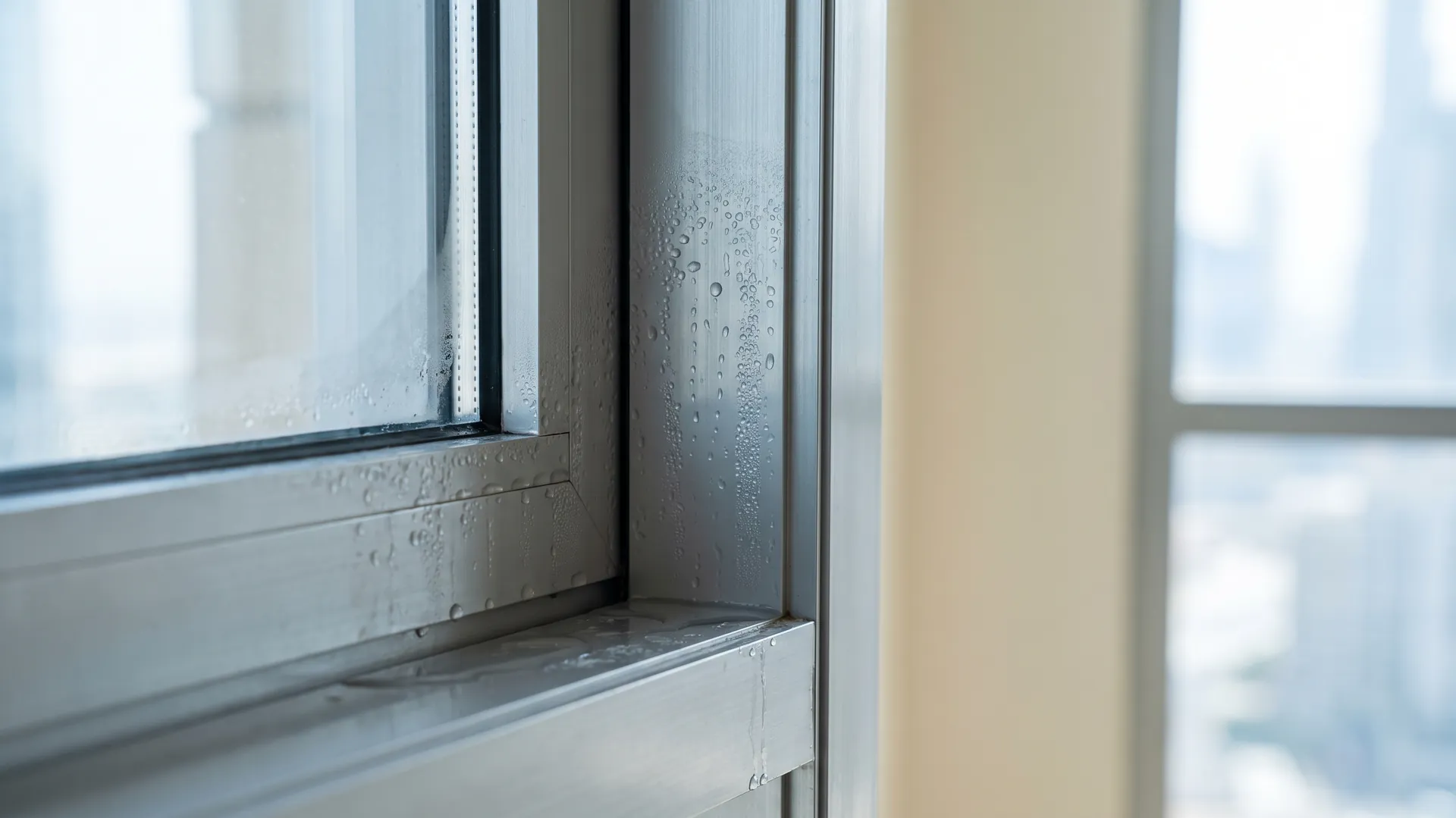Beads of condensation standing on the inner face of an aluminium window frame and running down to the sill