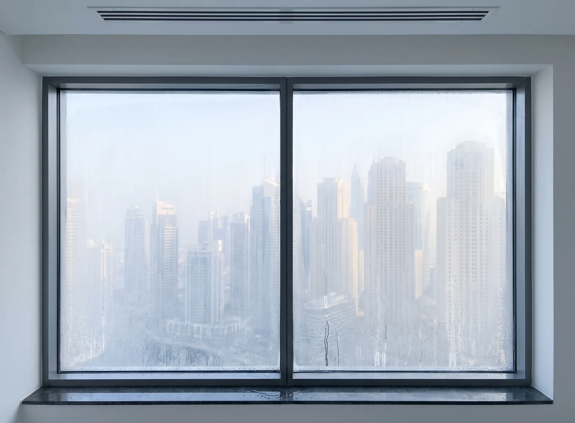 Condensation droplets covering the room side of a large aluminium framed window in a Dubai apartment
