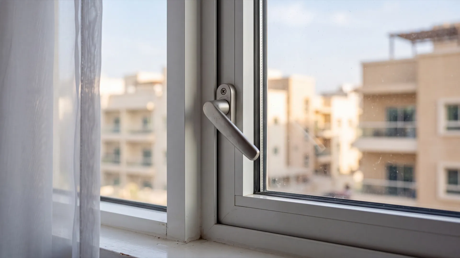 Close view of a plain silver aluminium window handle and sash lock in a rented Dubai apartment