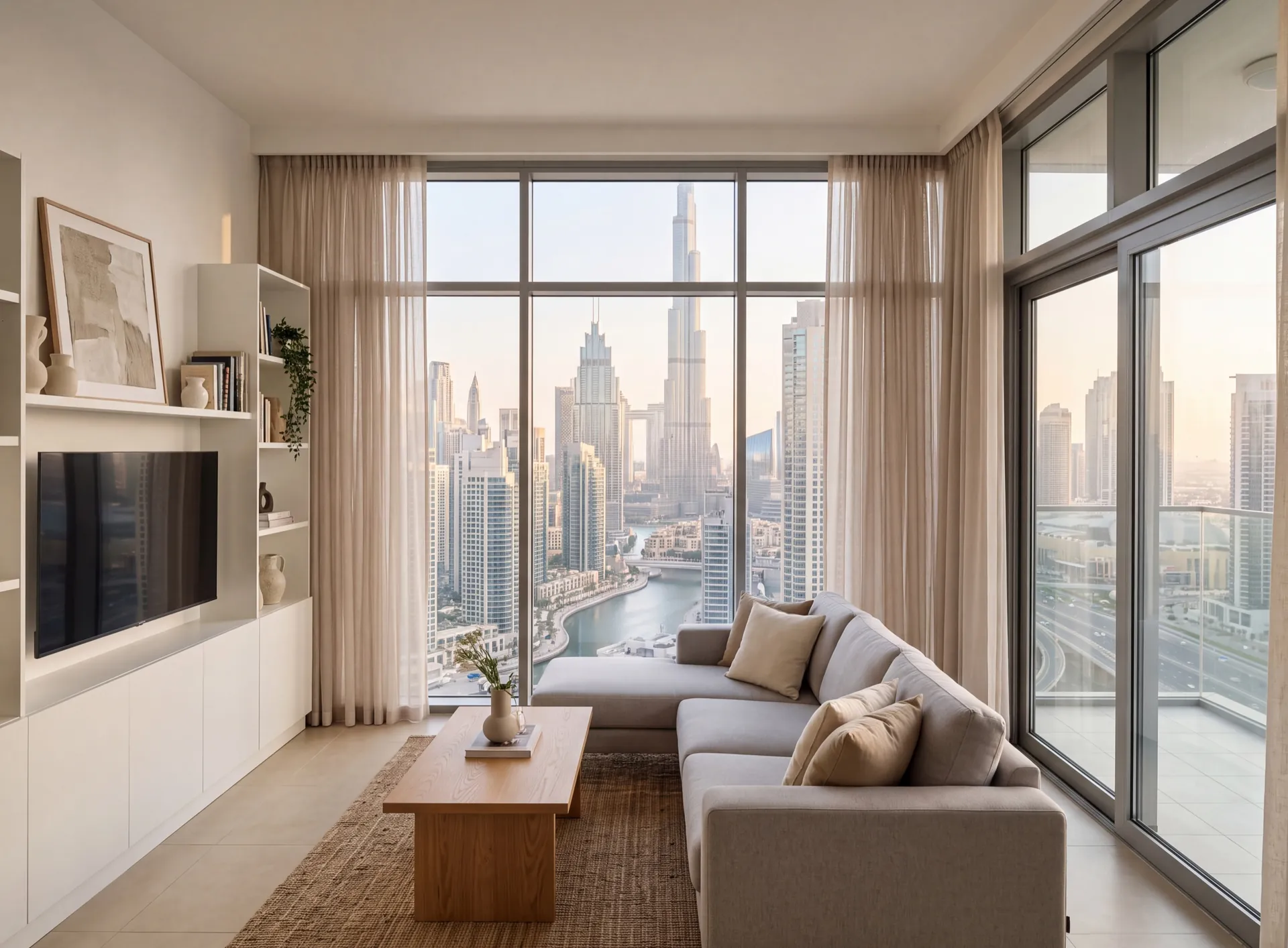 Neutral, well-kept living room of a rented Dubai apartment with plain aluminium framed windows and a city view