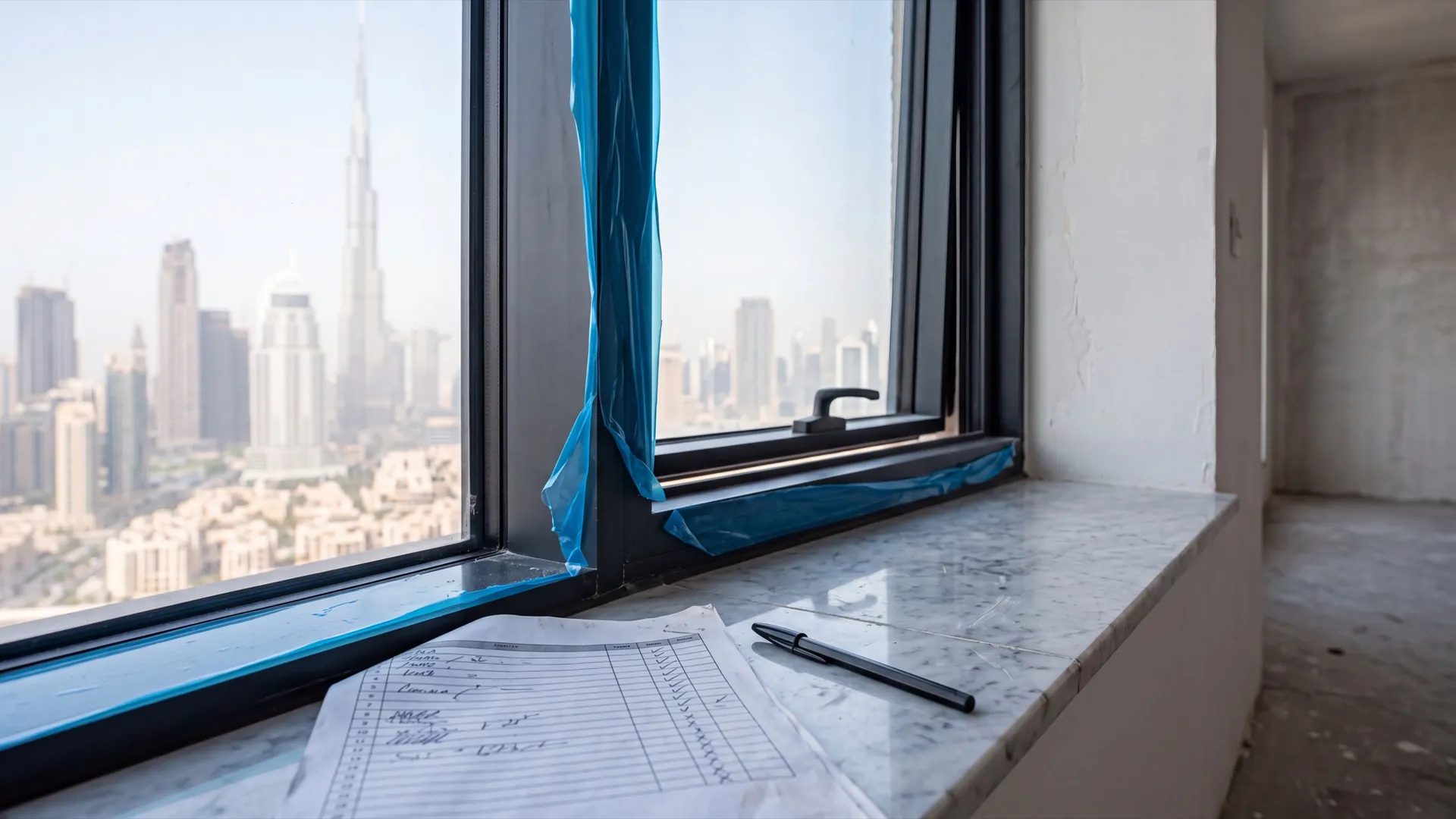 A printed snagging list and a pen on the sill of a newly fitted aluminium window in a Dubai apartment with protective film peeled back