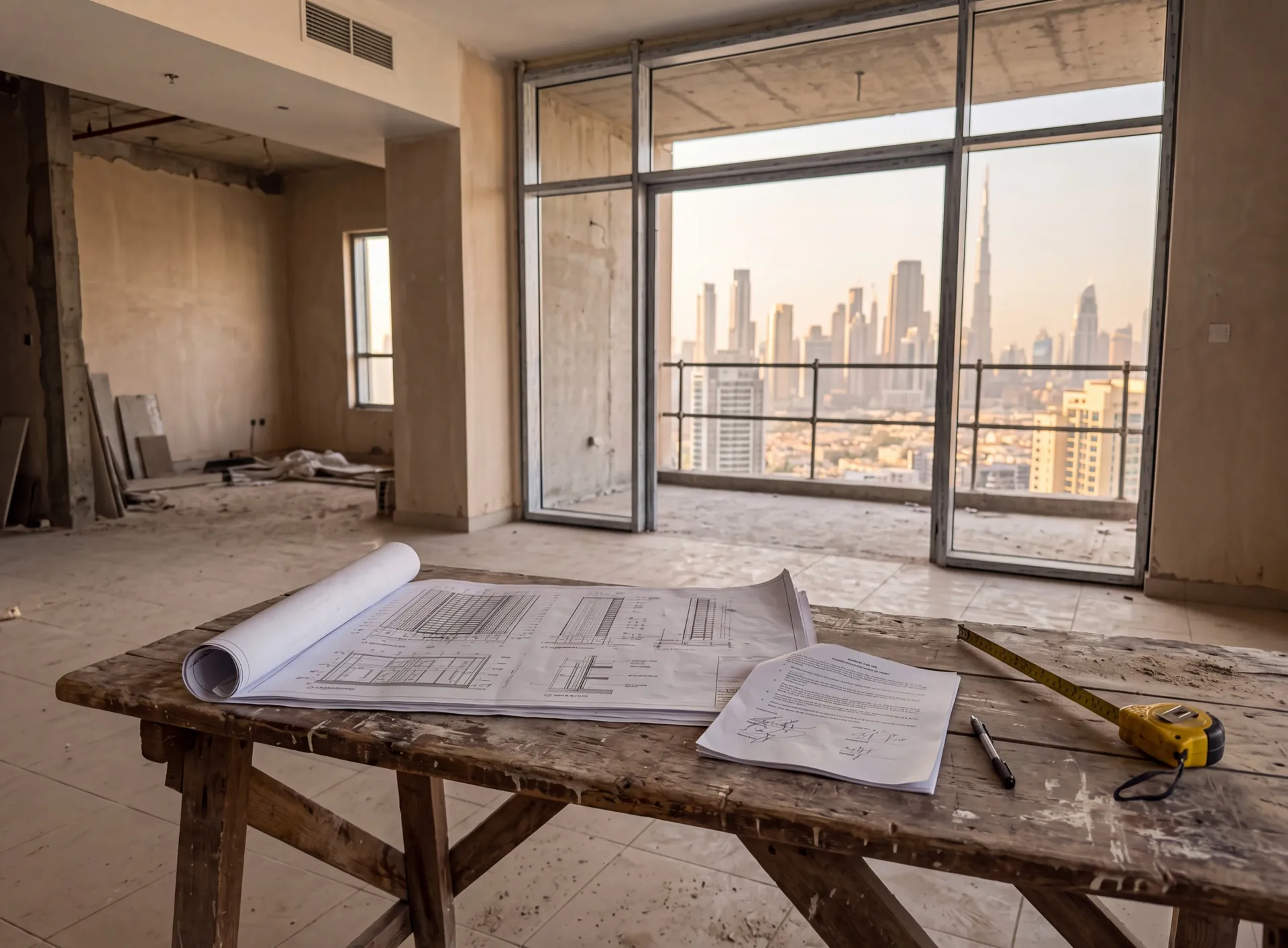 Signed shop drawings, a folded contract, a pen and a tape measure on a trestle table in an empty Dubai apartment