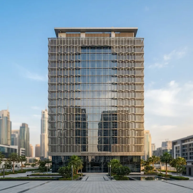 Office tower with an aluminium and glass facade and vertical fins in Dubai