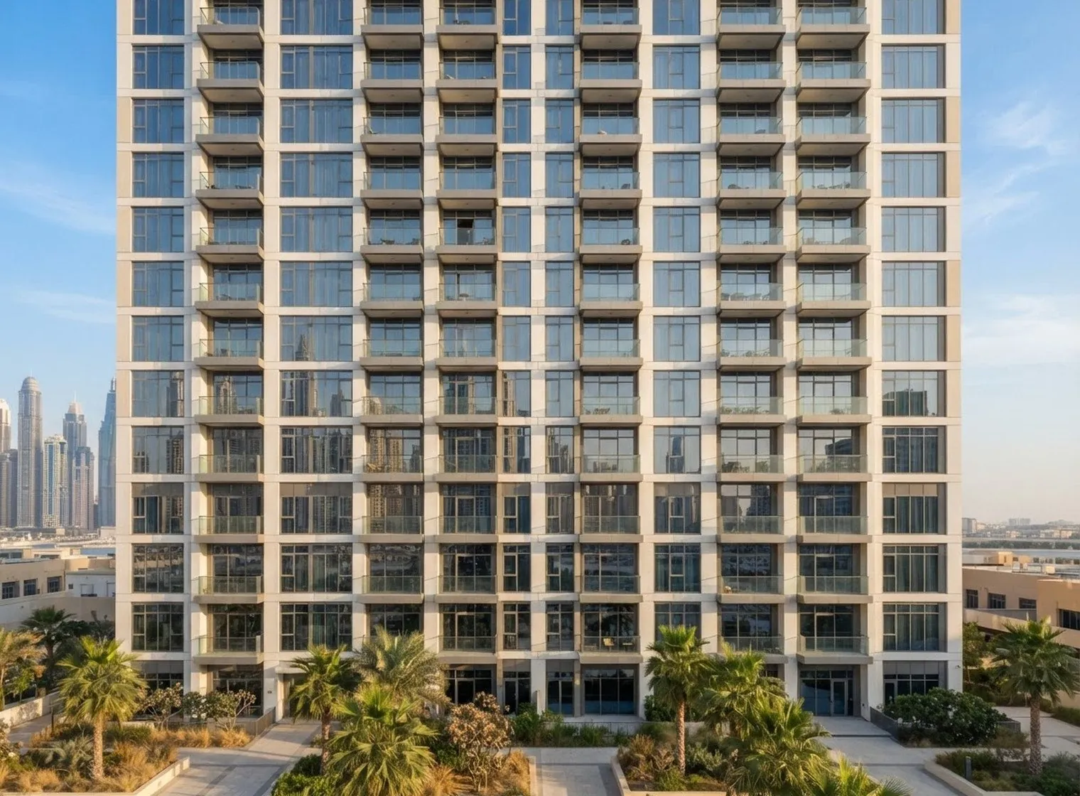 Facade of a modern Dubai apartment building with a regular grid of aluminium framed windows and glazed balcony doors