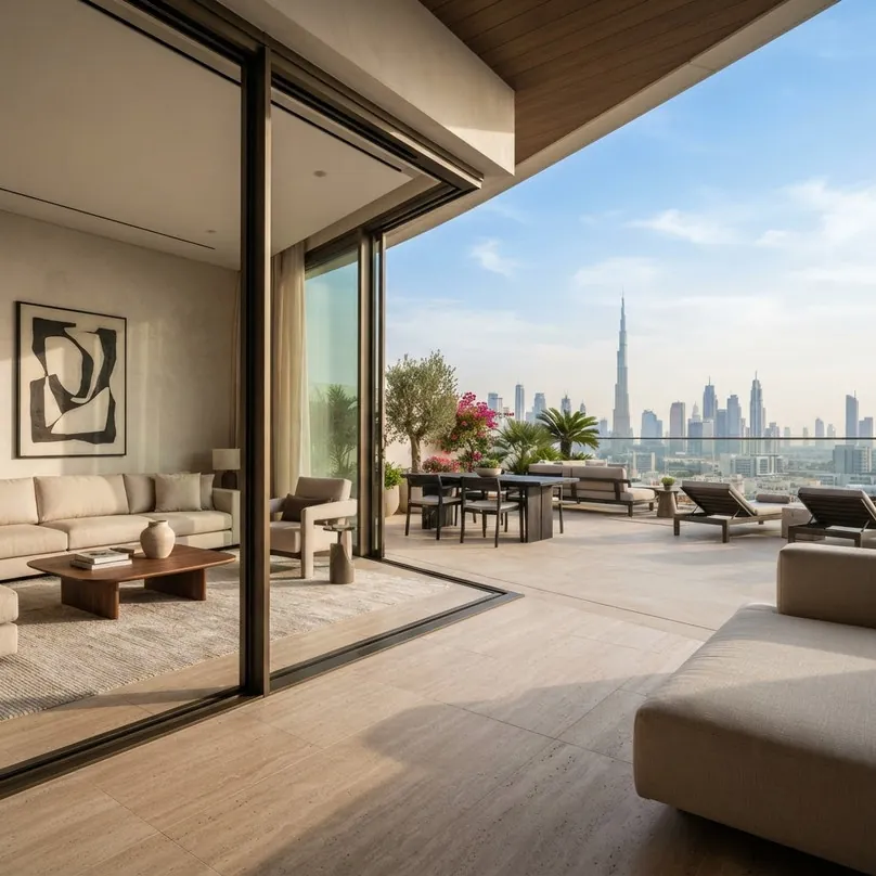Large aluminium sliding door opening a penthouse lounge onto a terrace with a city view