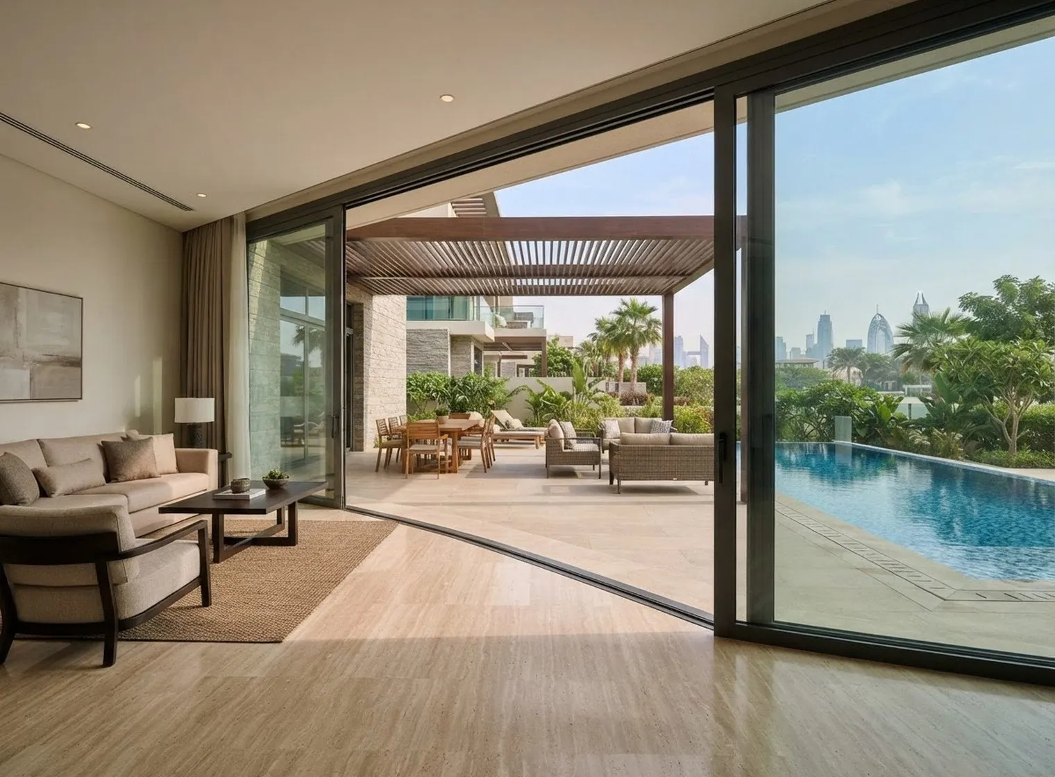 Wide aluminium sliding door with slim dark frames opening from a Dubai villa living room onto a shaded pool terrace