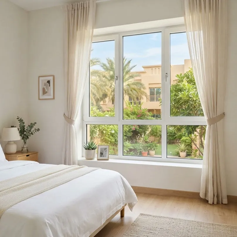 White uPVC window with a garden view in a villa bedroom