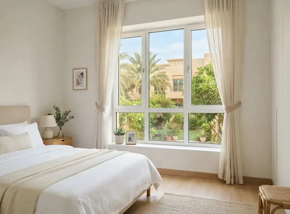 UAE के टाउनहाउस का बेडरूम, सफ़ेद uPVC केसमेंट खिड़कियाँ और चौड़ी सफ़ेद सिल, सामने हरा-भरा आँगन