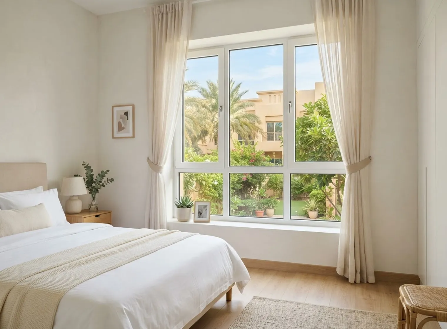 Bedroom of a UAE townhouse with white uPVC casement windows and a wide white sill looking onto a planted courtyard