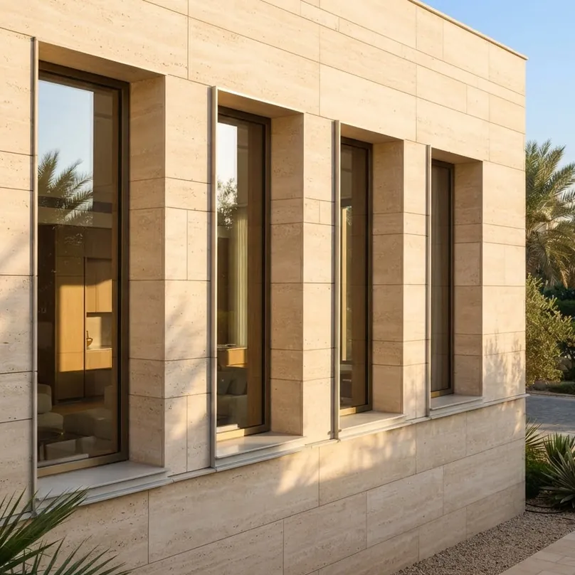 Tall narrow aluminium windows set into a travertine villa wall