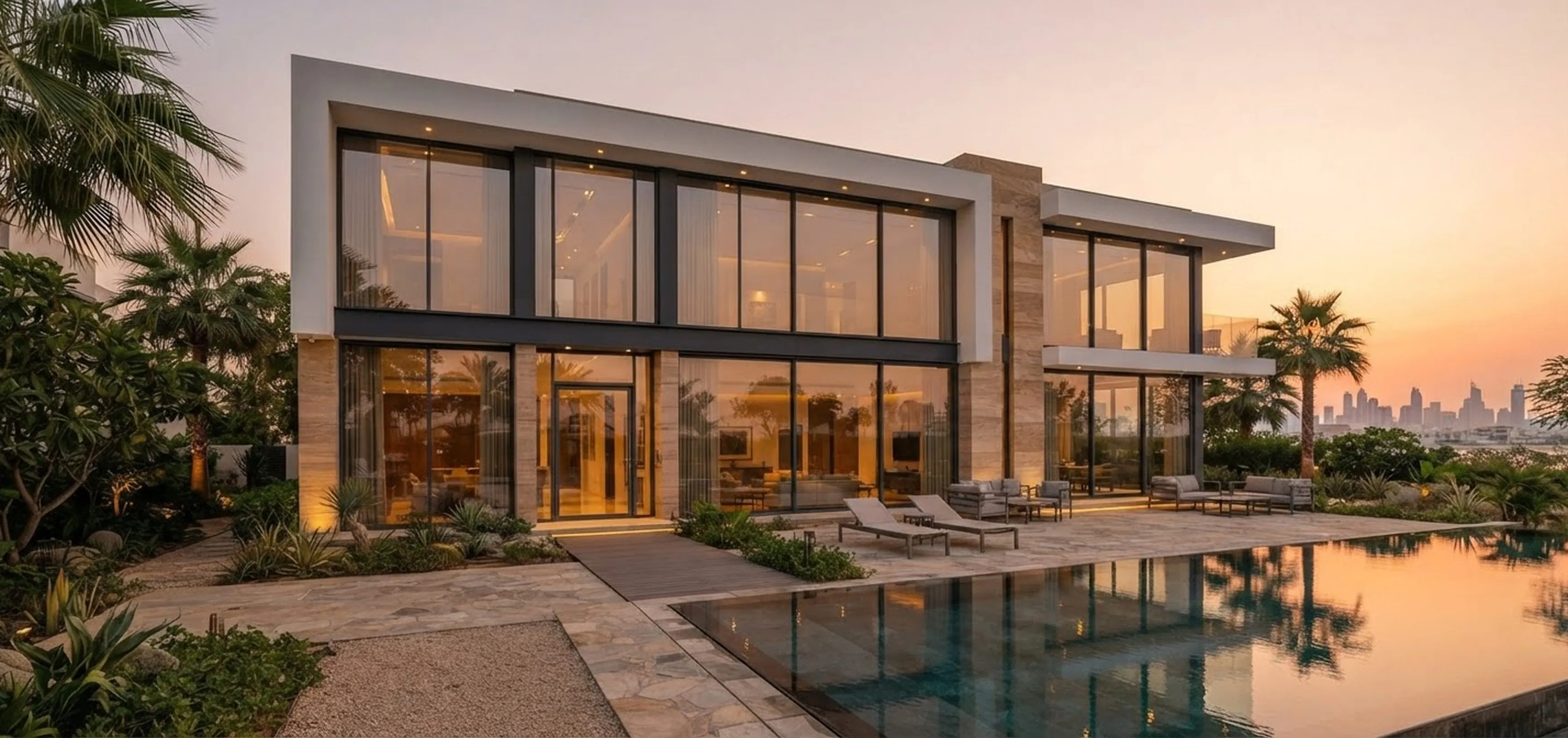 Slim aluminium framed glazing across the facade of a contemporary Dubai villa at golden hour