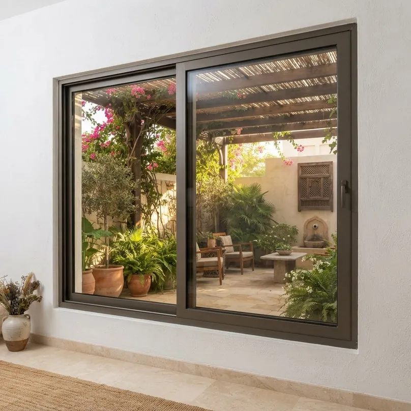 Dark aluminium sliding window looking onto a courtyard garden with a pergola