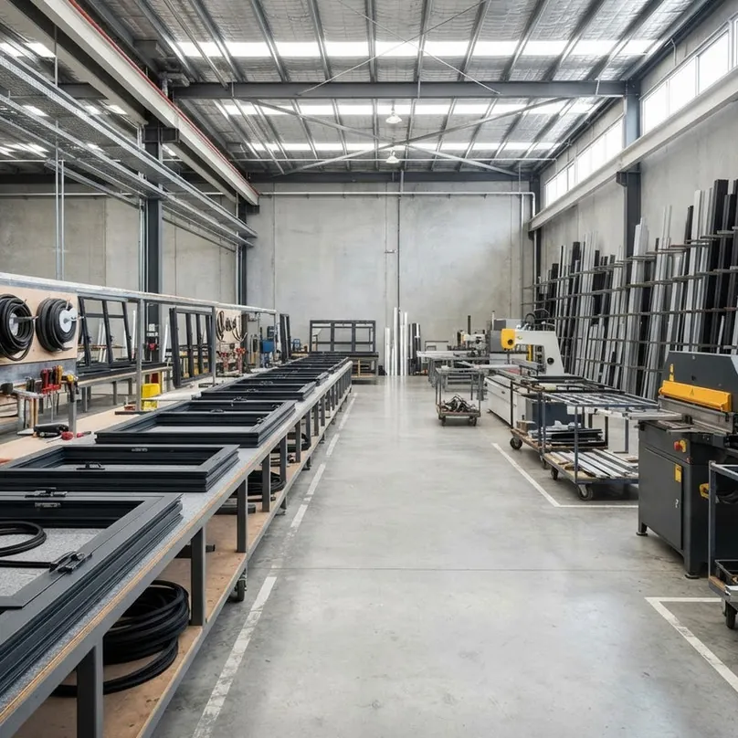 Aluminium window frames on assembly tables in a Dubai fabrication workshop