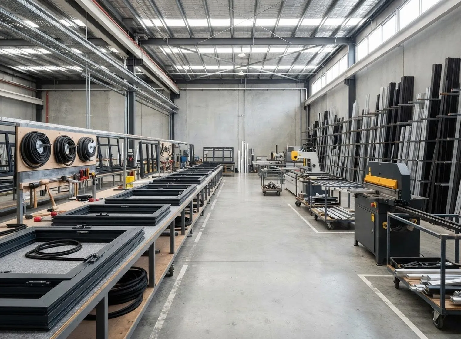 Empty aluminium window fabrication workshop in Dubai with assembly benches, dark anodised frames laid flat and racks of profile bars along the wall