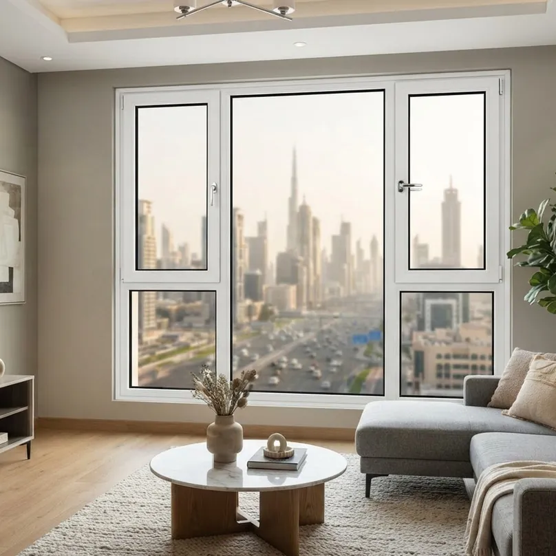 White uPVC window with tilt-and-turn sashes in a living room with a city view