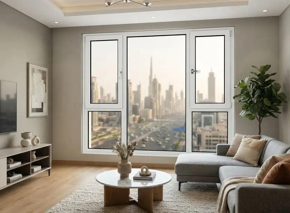 दुबई के अपार्टमेंट का लिविंग रूम, व्यस्त हाईवे की ओर बंद सफ़ेद uPVC टिल्ट-एंड-टर्न खिड़कियाँ, पीछे शहर का स्काईलाइन