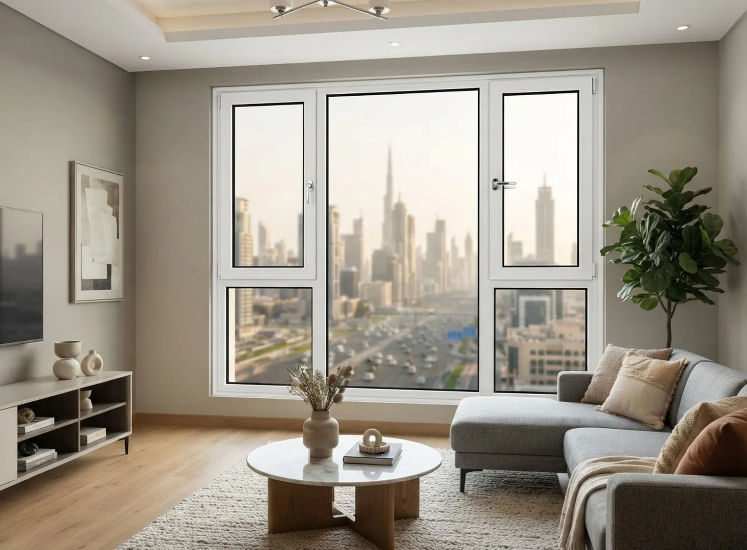 Living room of a Dubai apartment with white uPVC tilt-and-turn windows closed against a busy highway and the city skyline beyond