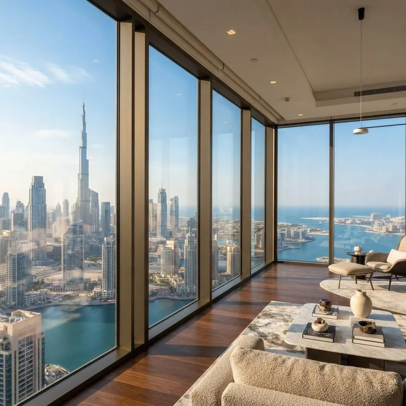 Floor-to-ceiling aluminium glazing in a high-rise living room facing the Burj Khalifa