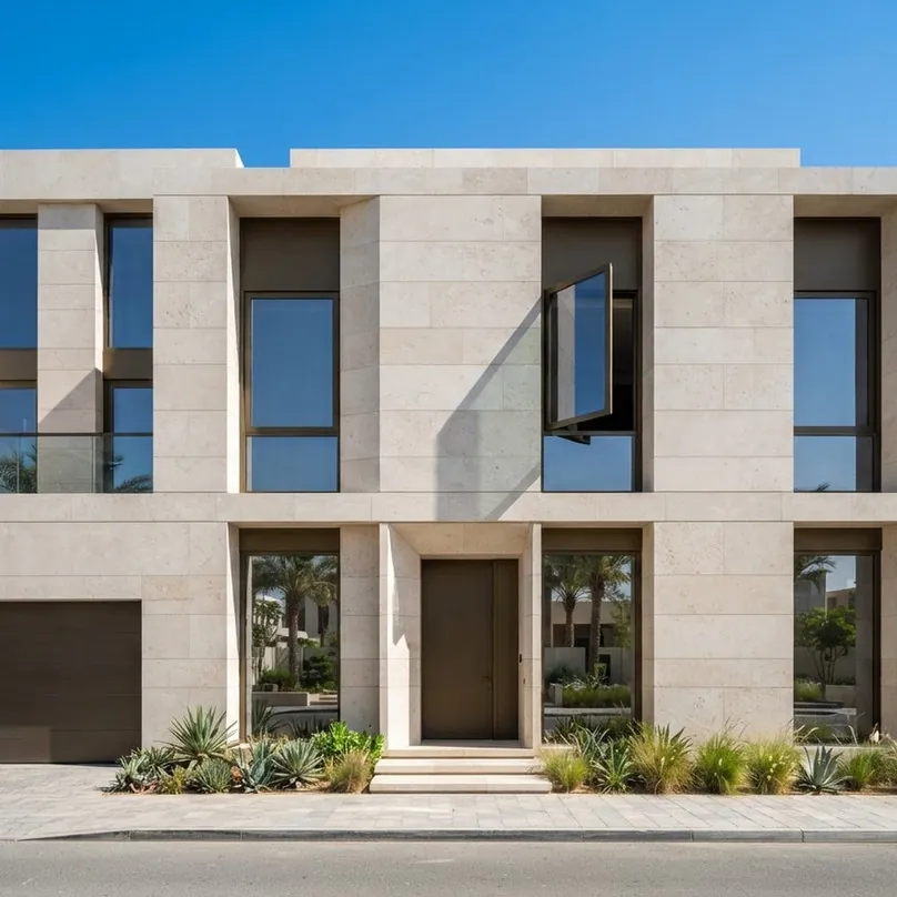 Stone-clad villa facade with dark aluminium windows and an opened top-hung sash