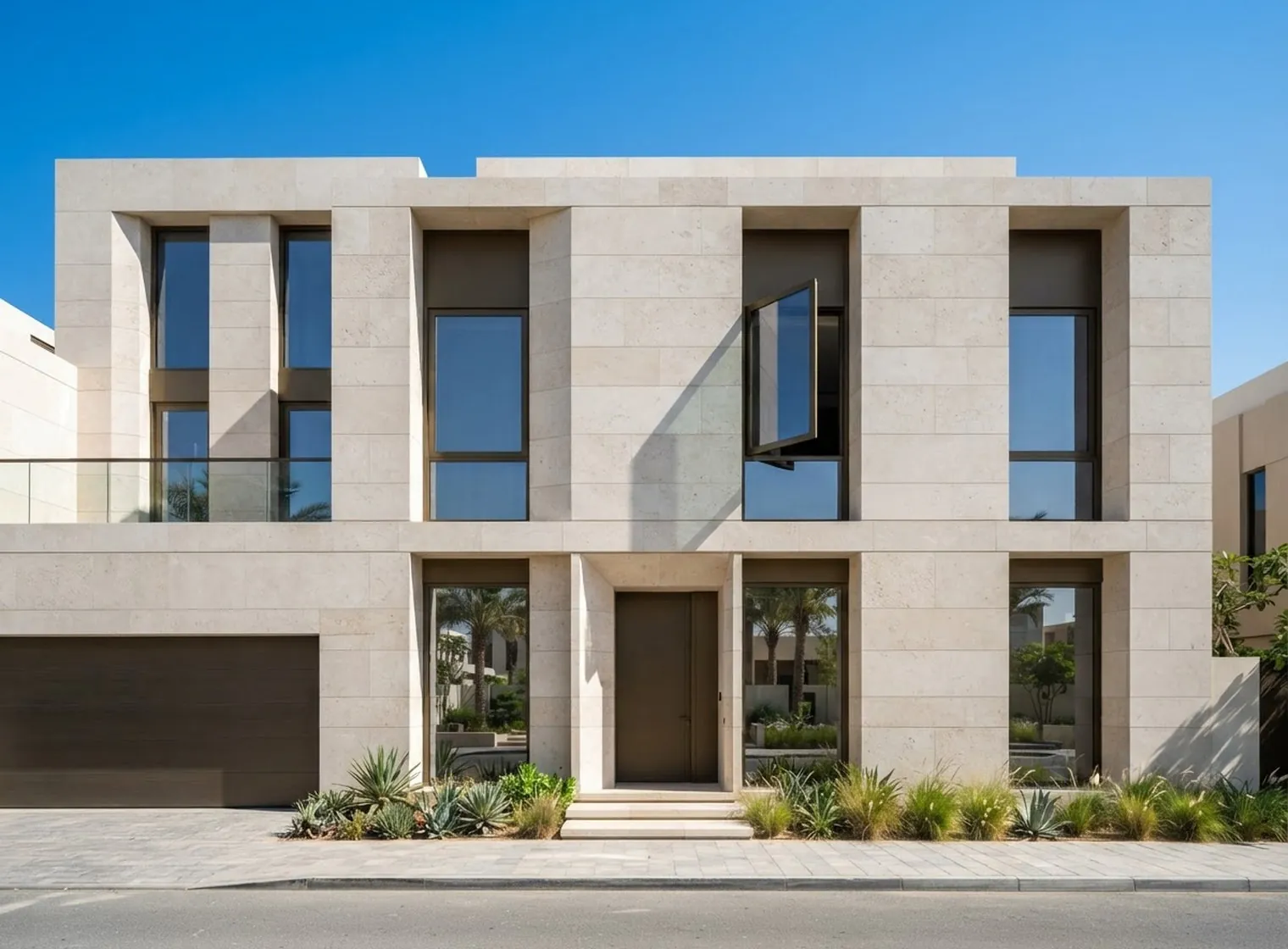Tall aluminium windows with dark bronze frames set into the pale limestone facade of a contemporary Dubai townhouse in midday sun