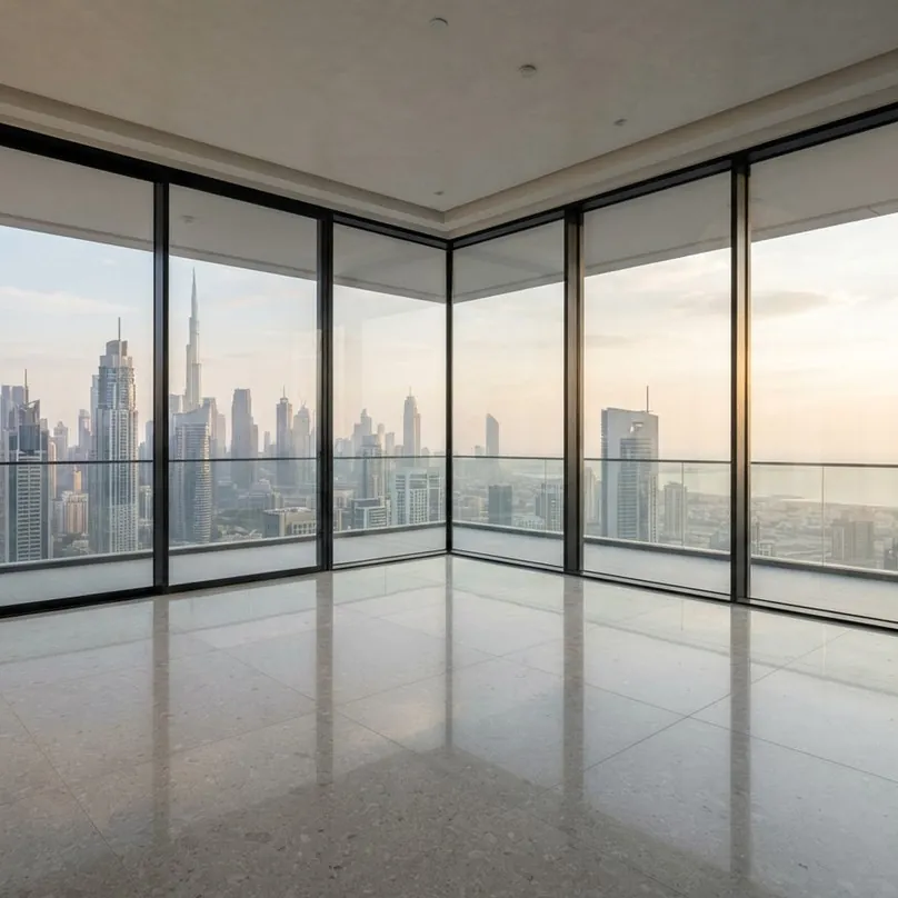 Corner panoramic glazing in an empty apartment overlooking Downtown Dubai