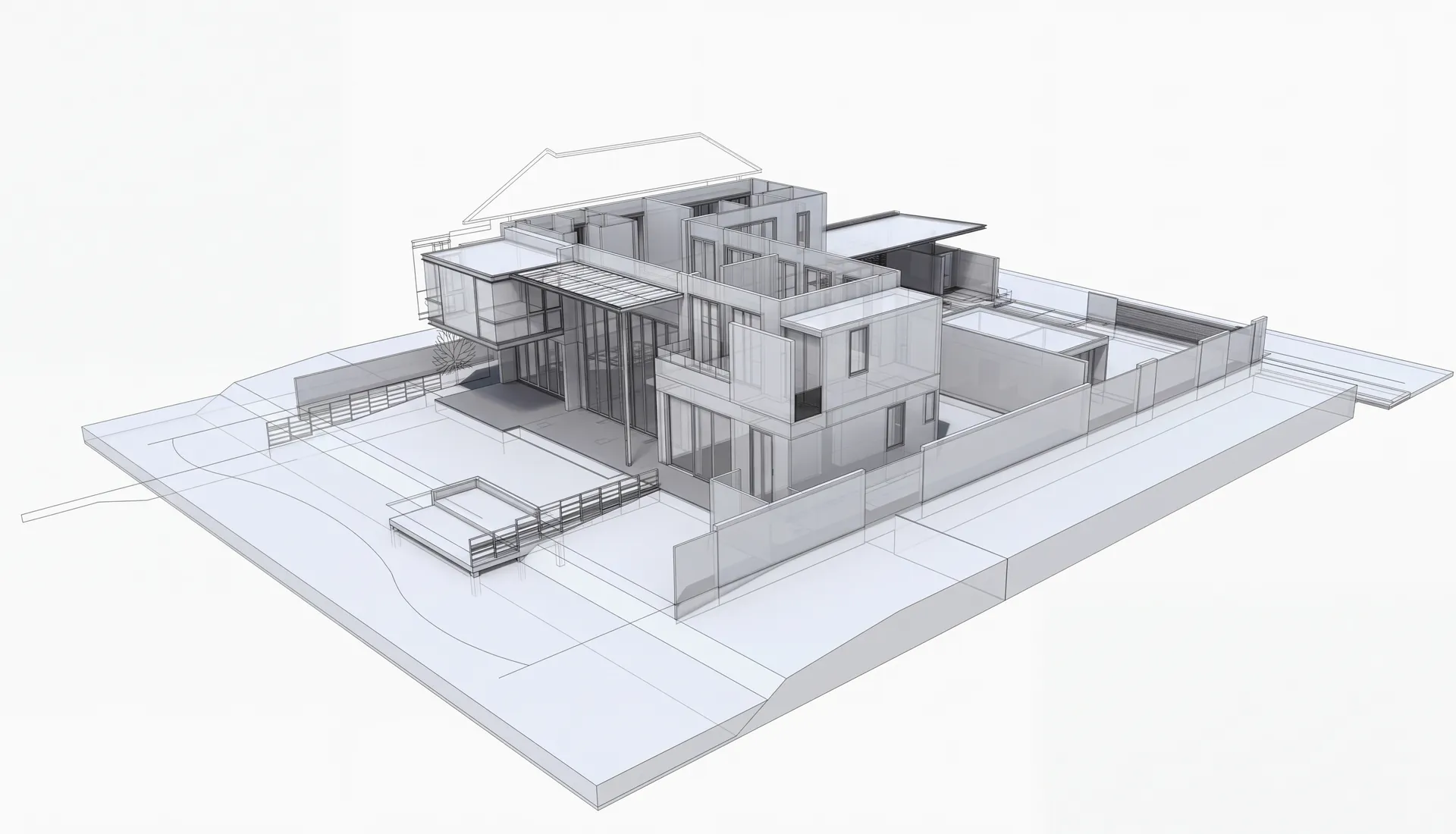 Wireframe 3D model of a villa with panoramic aluminium glazing, terraces and lift-and-slide doors