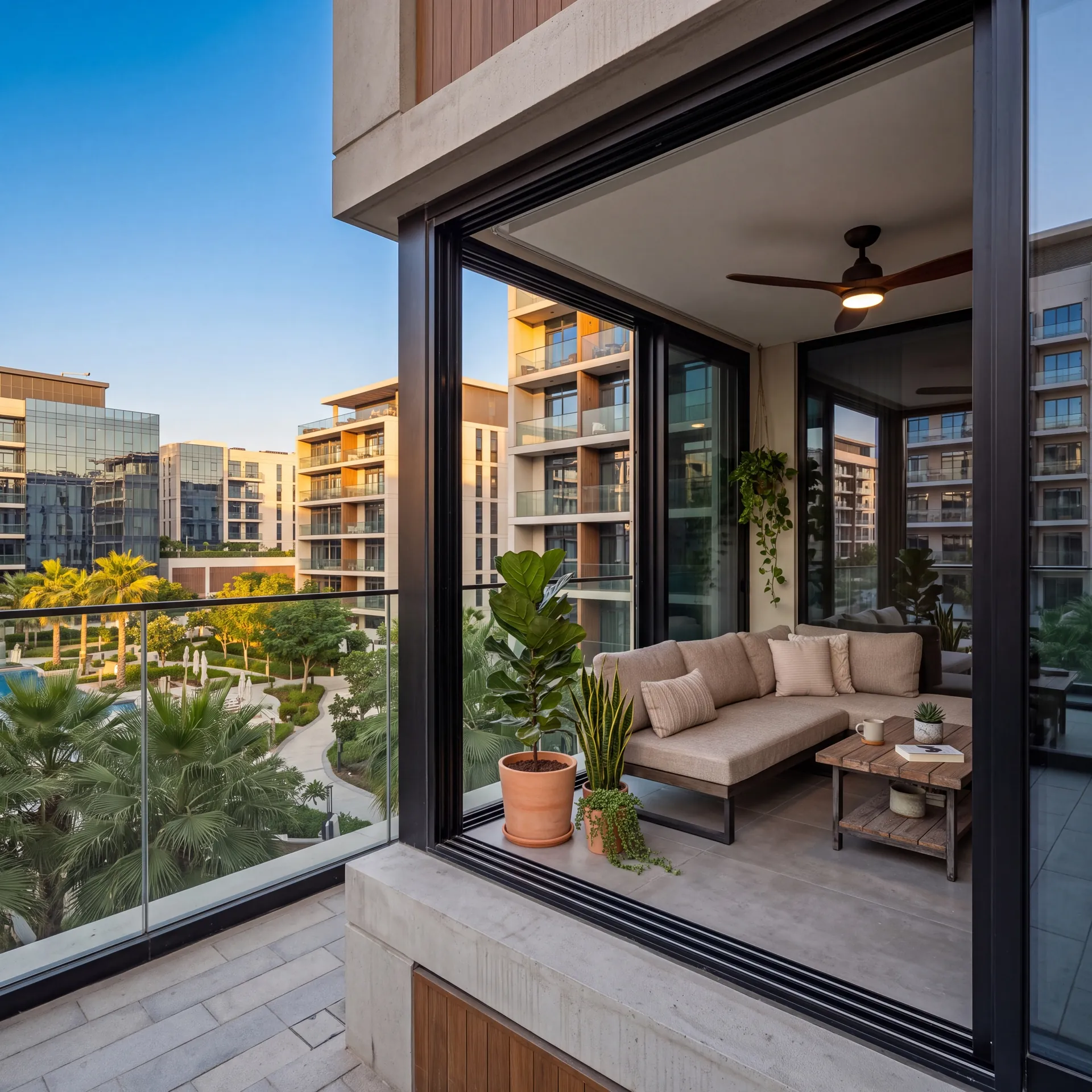 Glazed balcony with sliding aluminium doors and lounge furniture