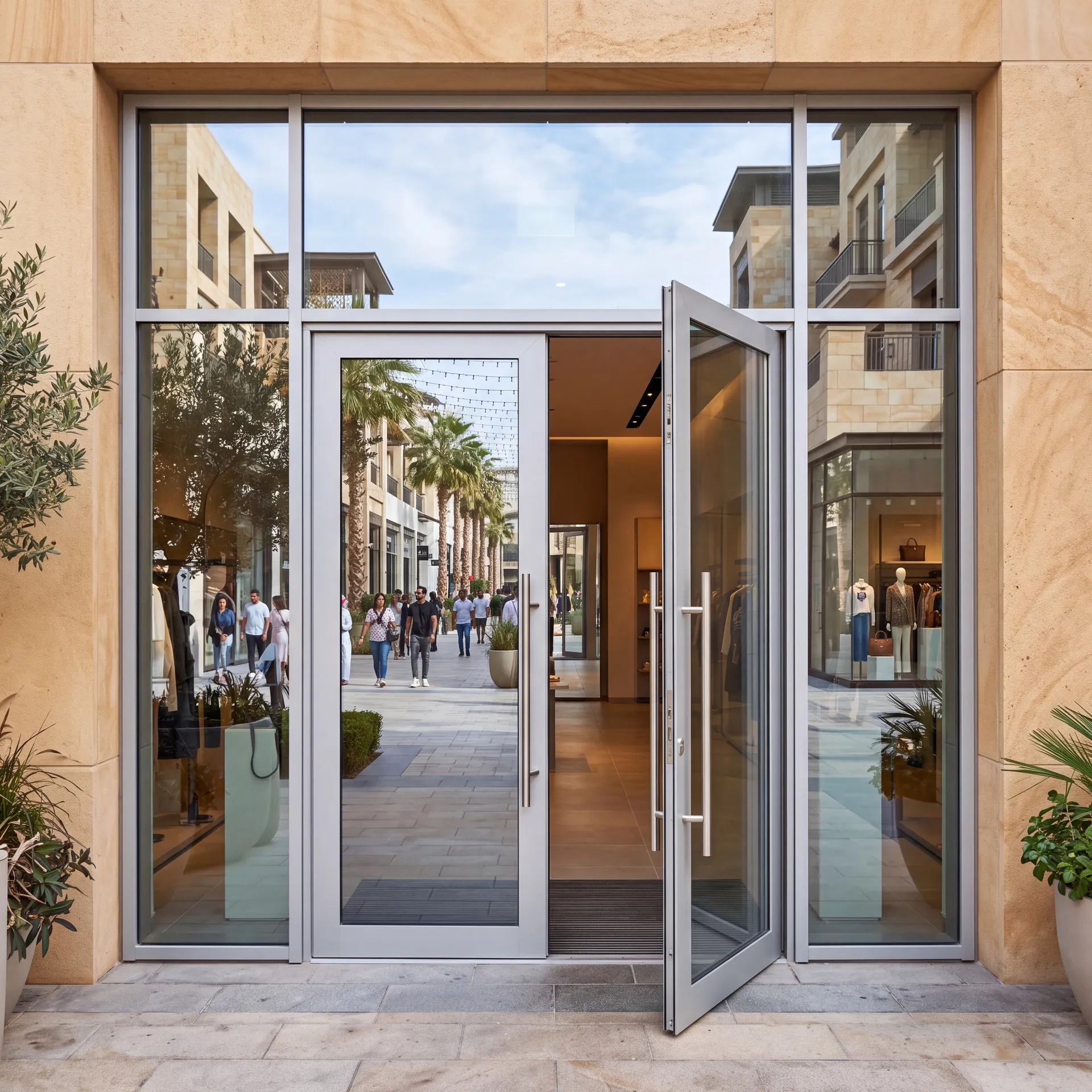 Aluminium entrance doors of a shopping gallery