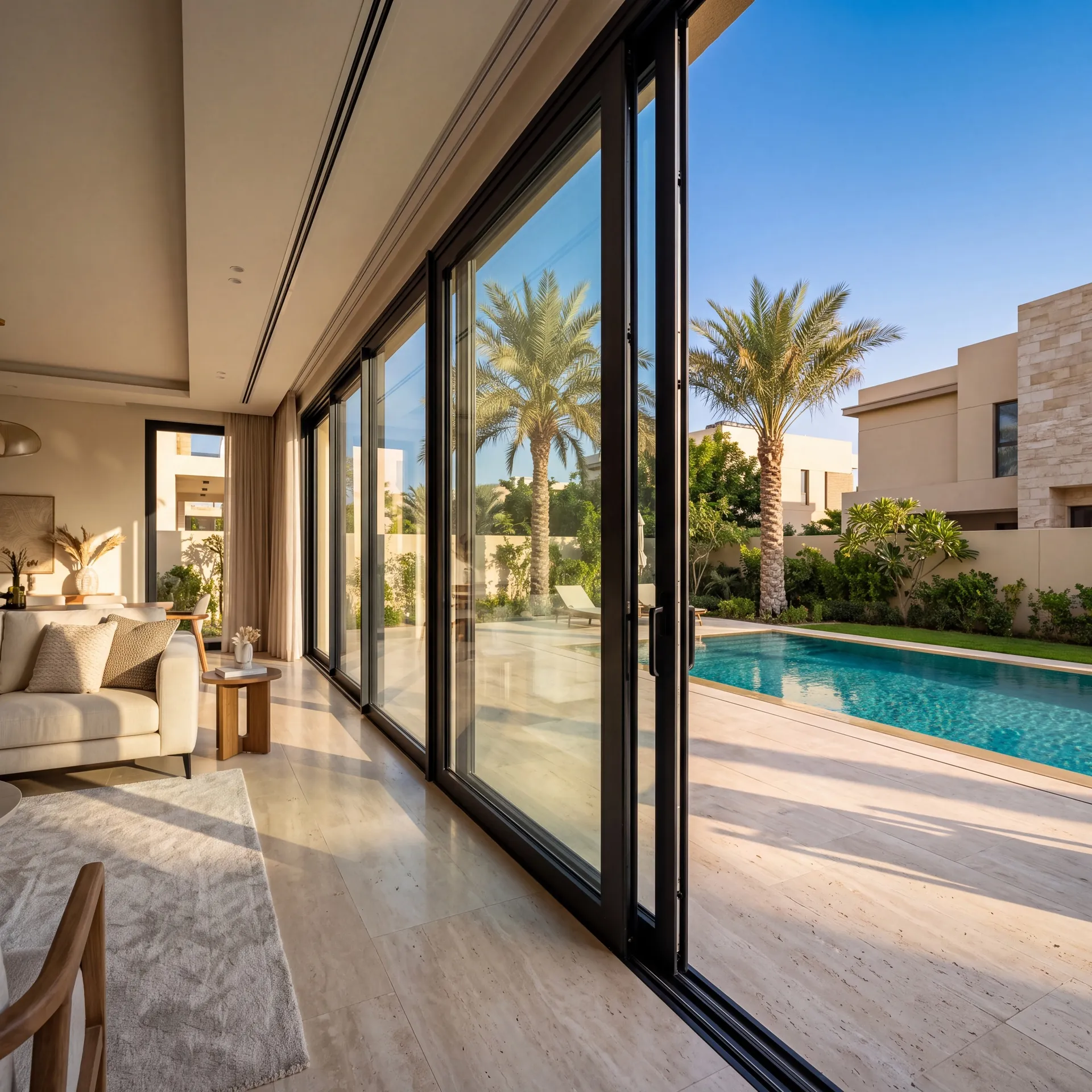 Panoramic sliding aluminium doors opening to a pool terrace