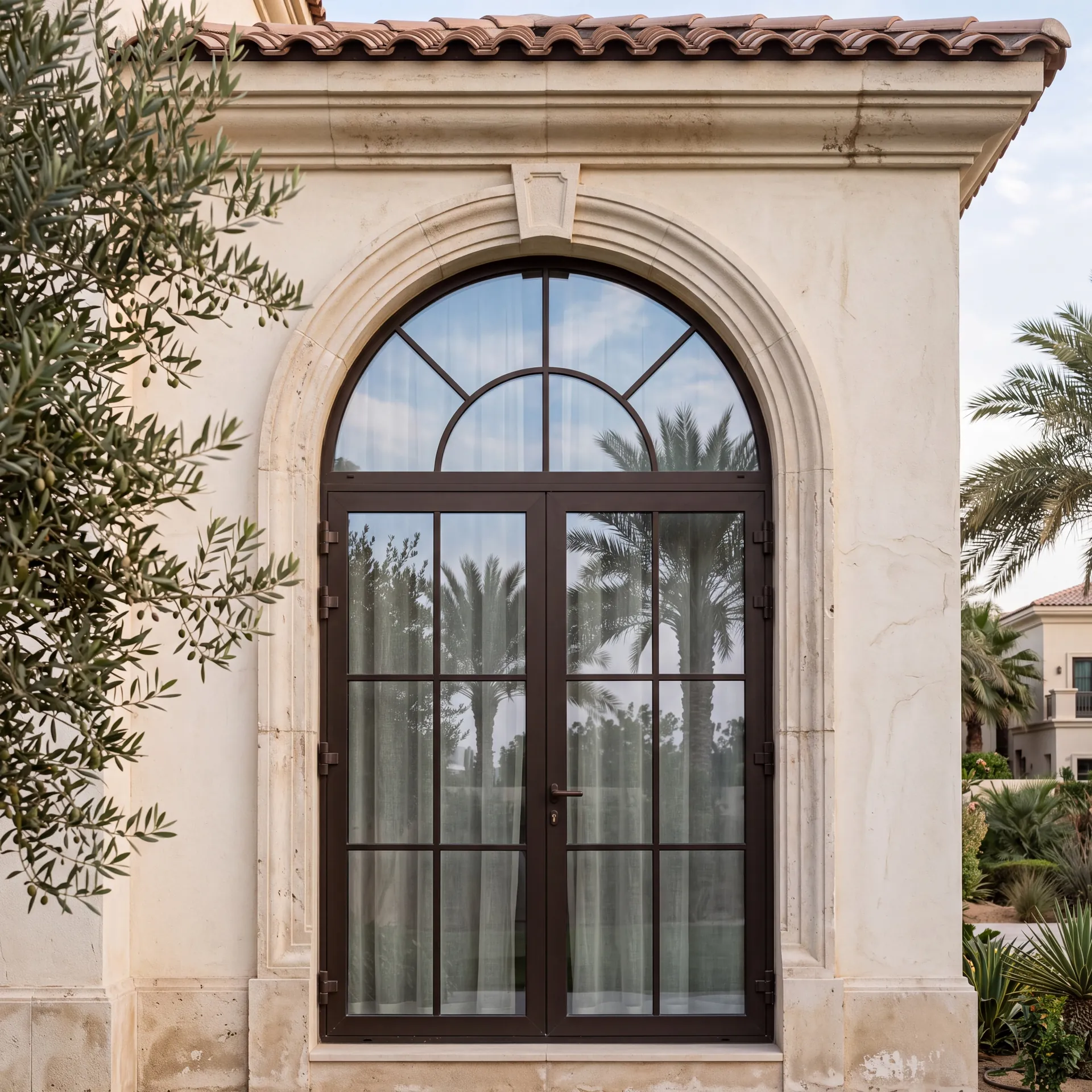Arched aluminium window in a villa facade