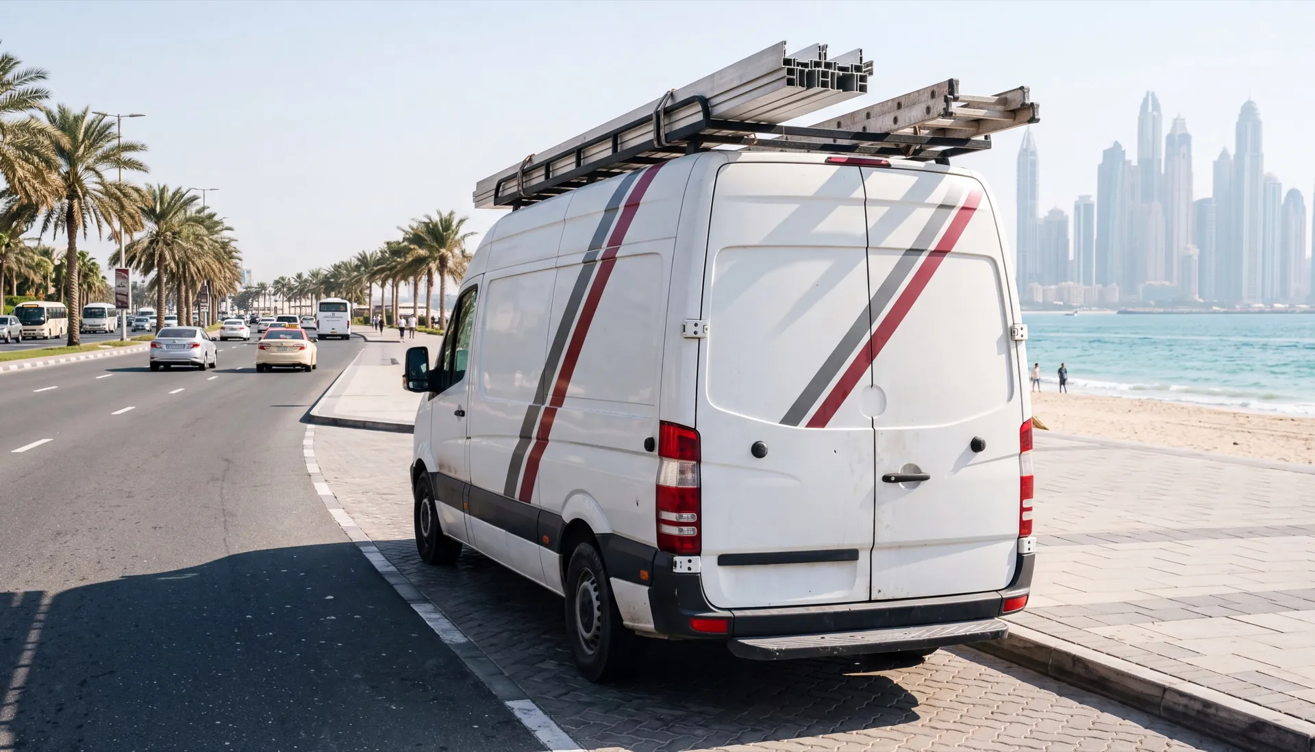 Branded Aluminum Windows UAE service car on a Dubai seafront road