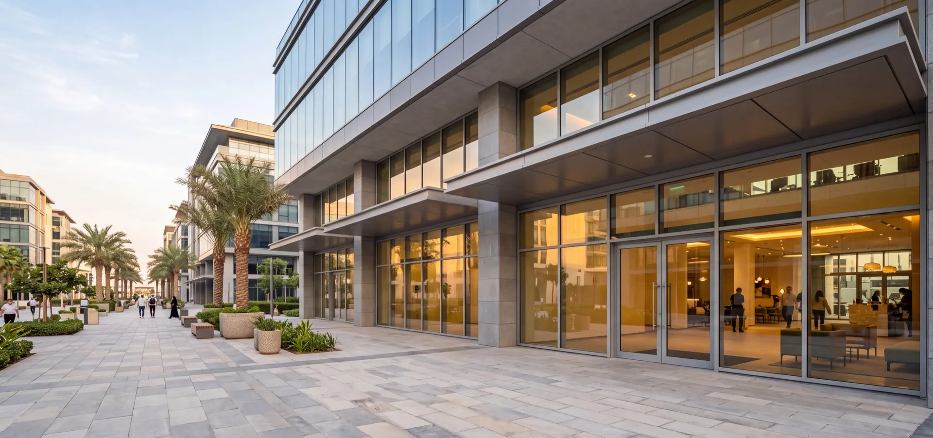 Aluminium entrance doors and glazed facade of a commercial building