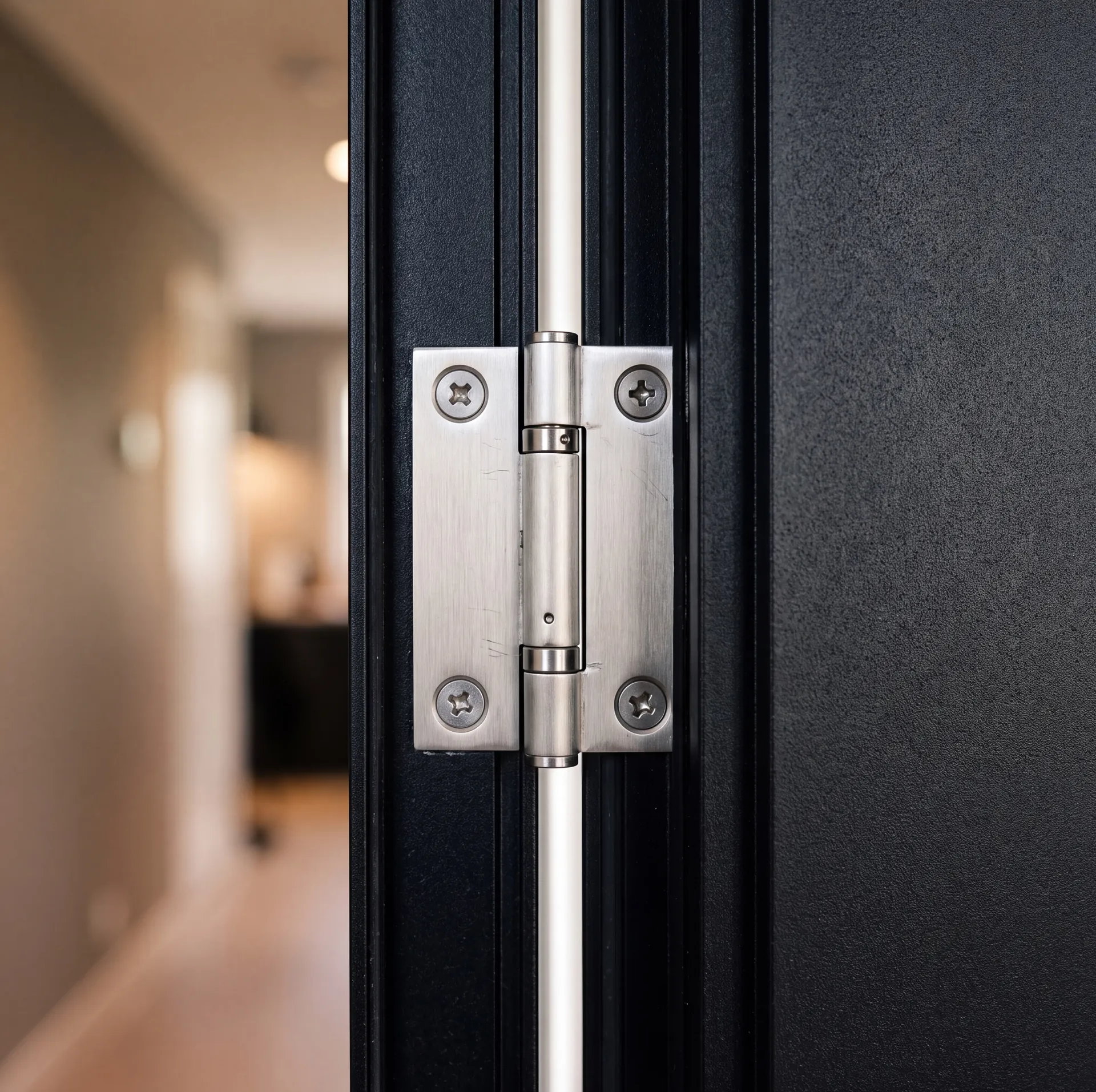 Surface-mounted hinge on an aluminium door frame, close-up