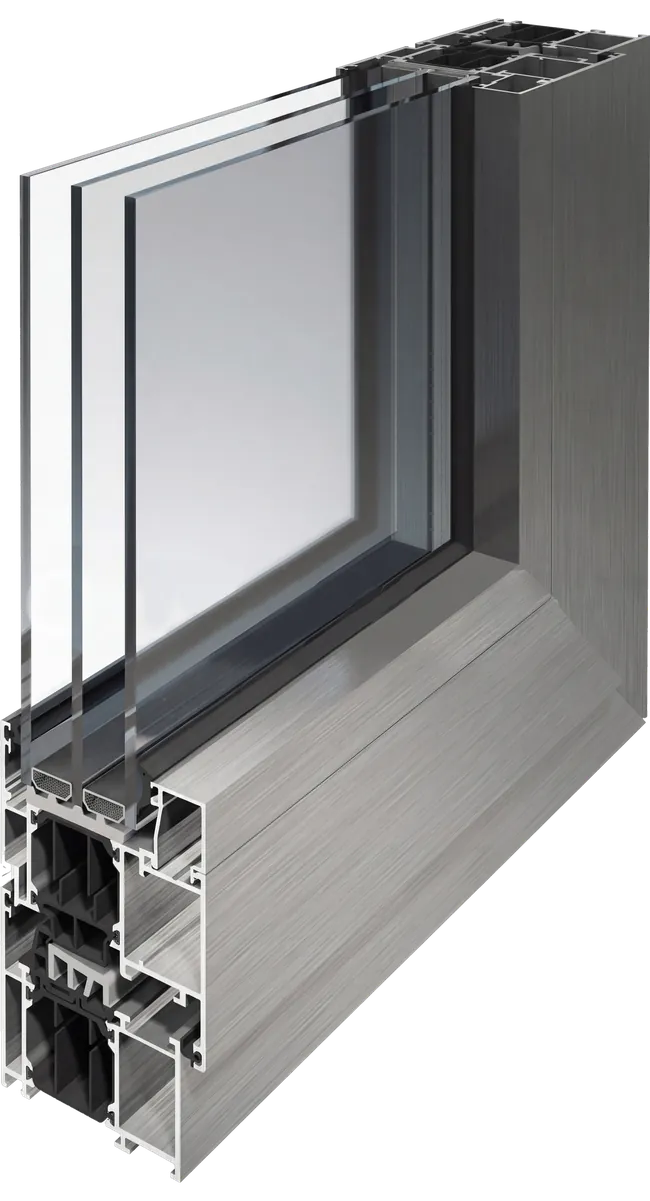 Cross-section of our own aluminium profile with a double-glazed unit