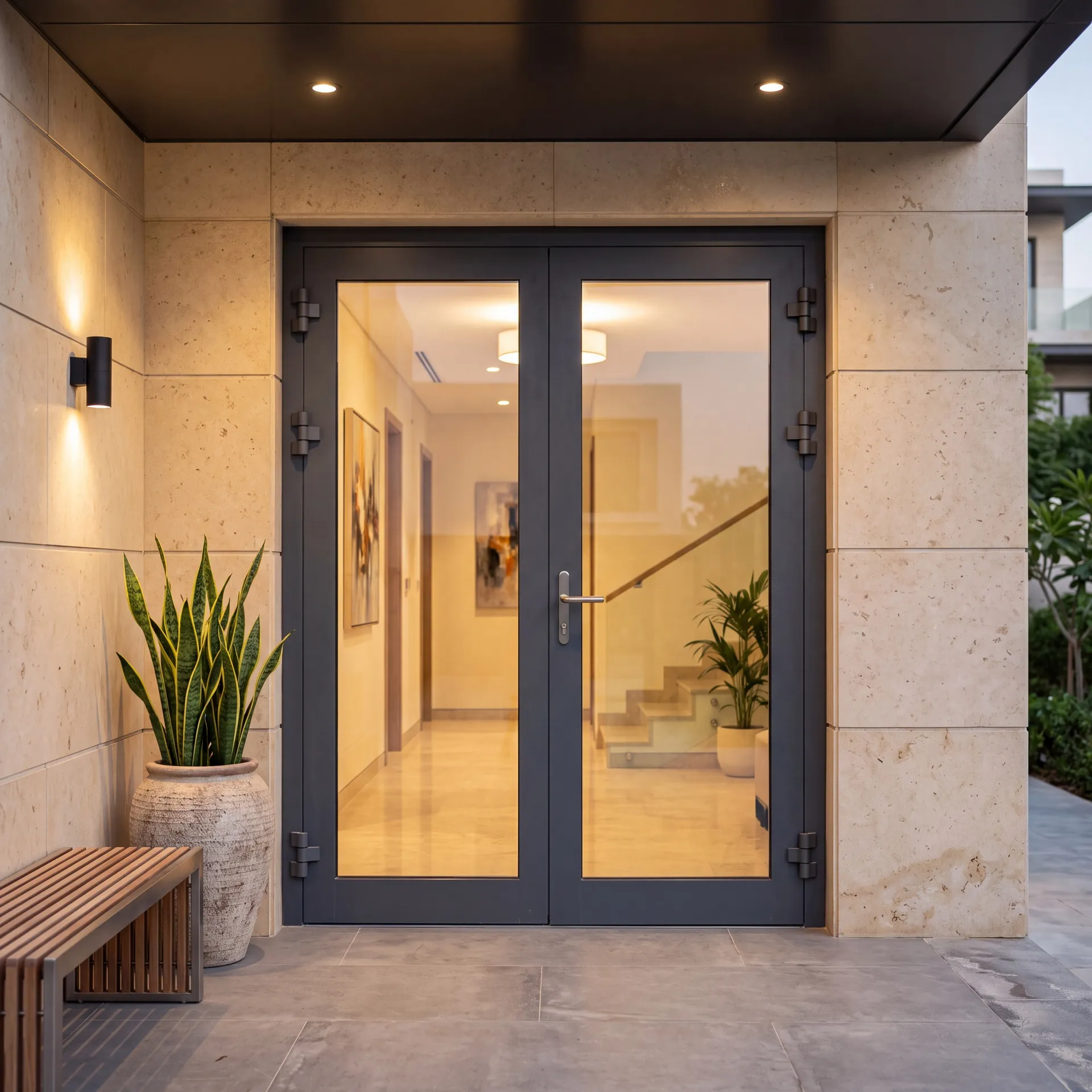 Classic double-leaf aluminium entrance door in a dark brick facade