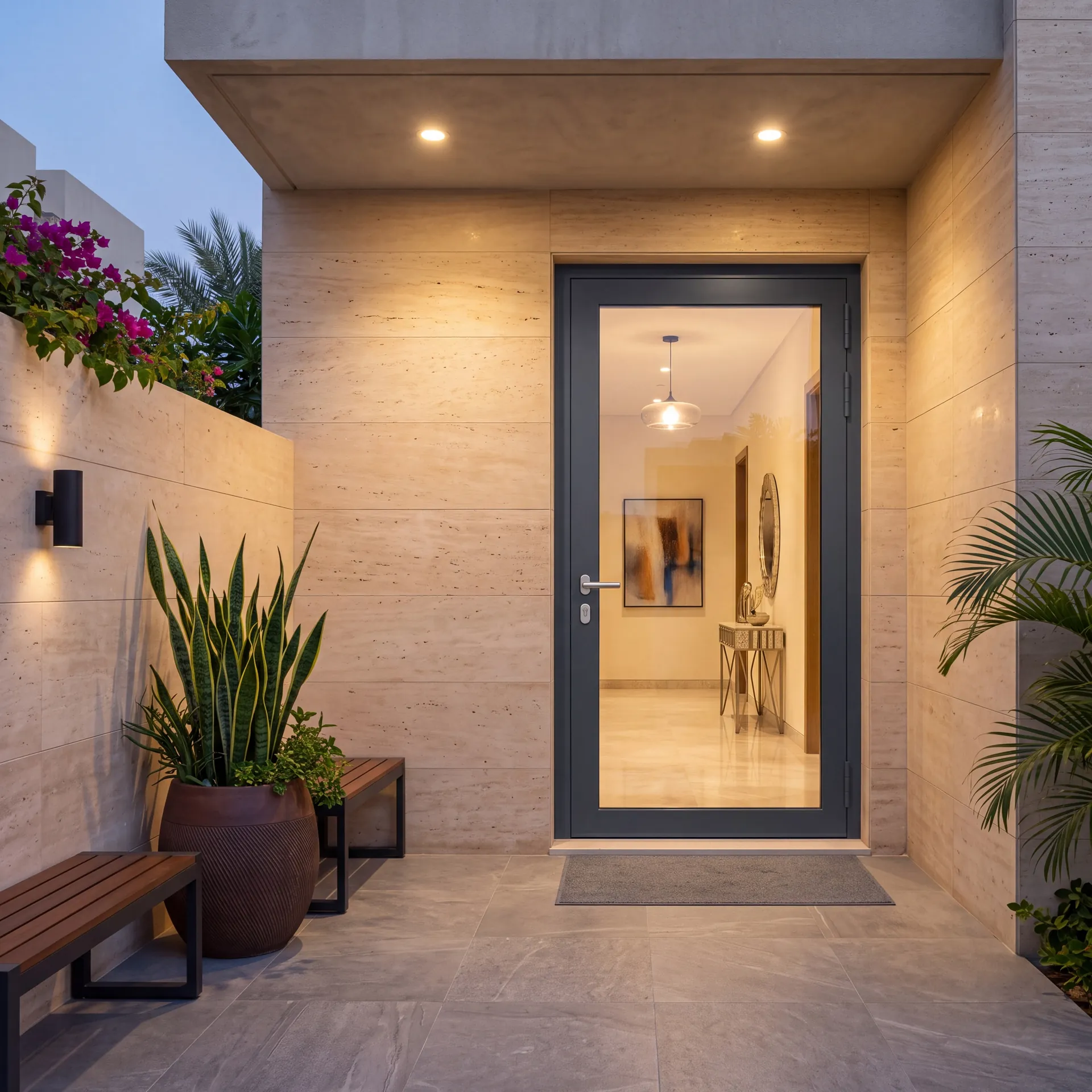 Classic single-leaf aluminium entrance door in a dark brick facade