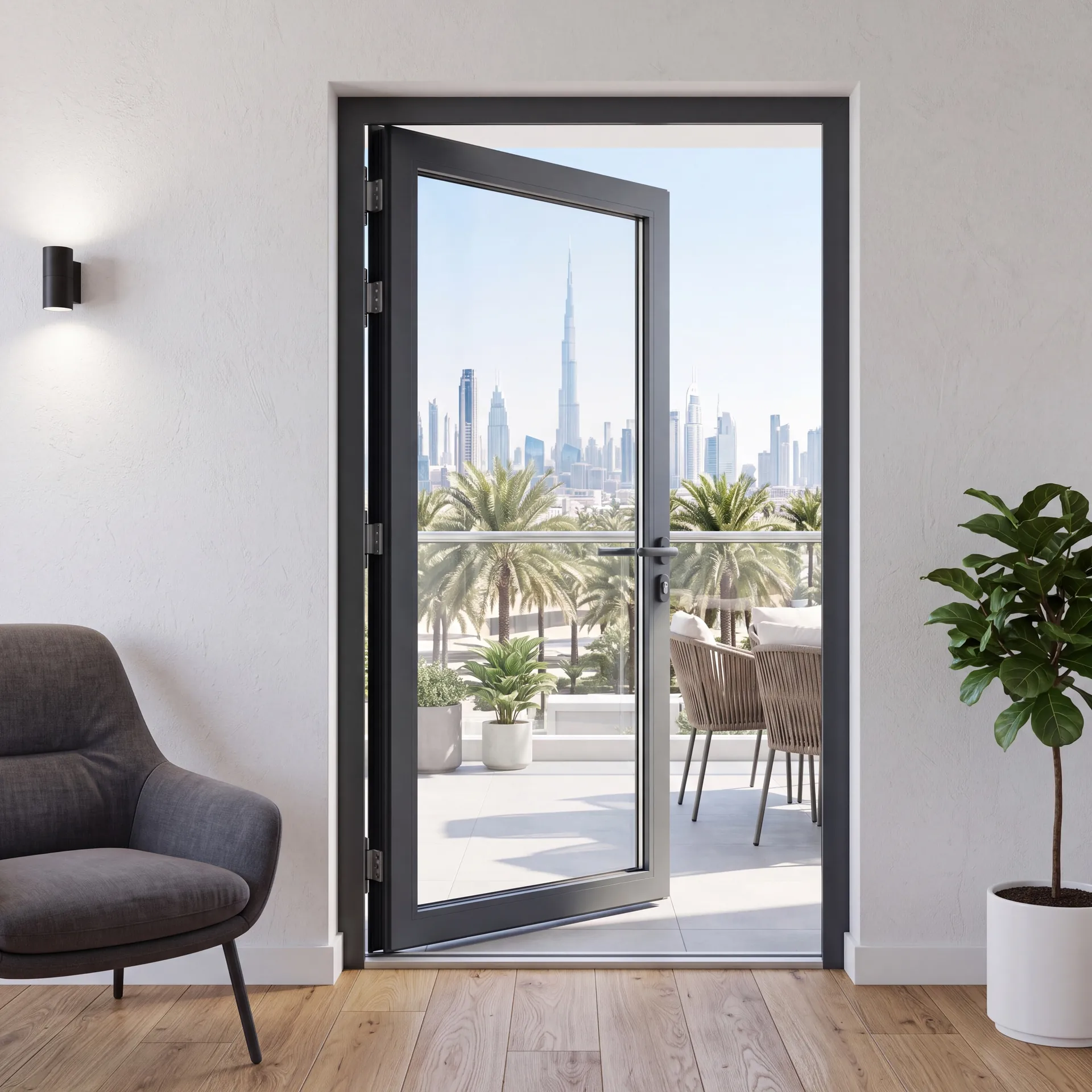Terrace single-leaf aluminium door opening from a living room onto a balcony