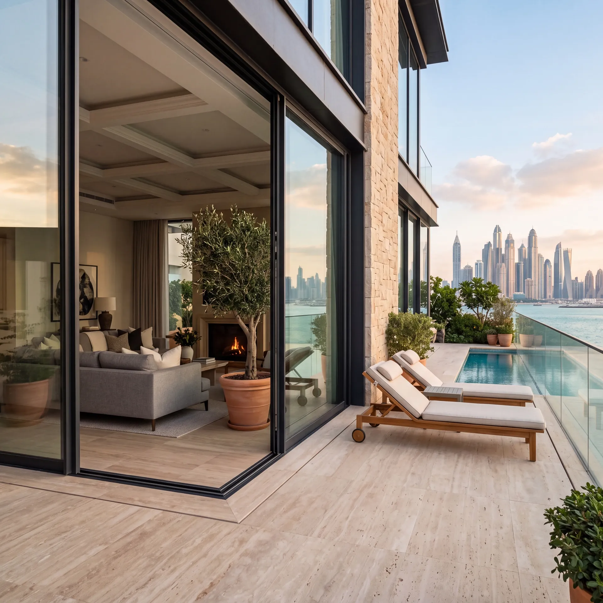 Aluminium sliding door system opening onto a villa terrace in Dubai