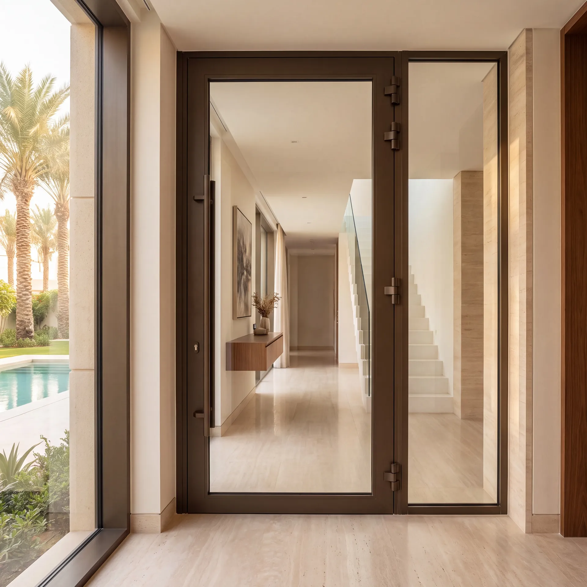 Aluminium swing entrance door in a contemporary Dubai villa hallway