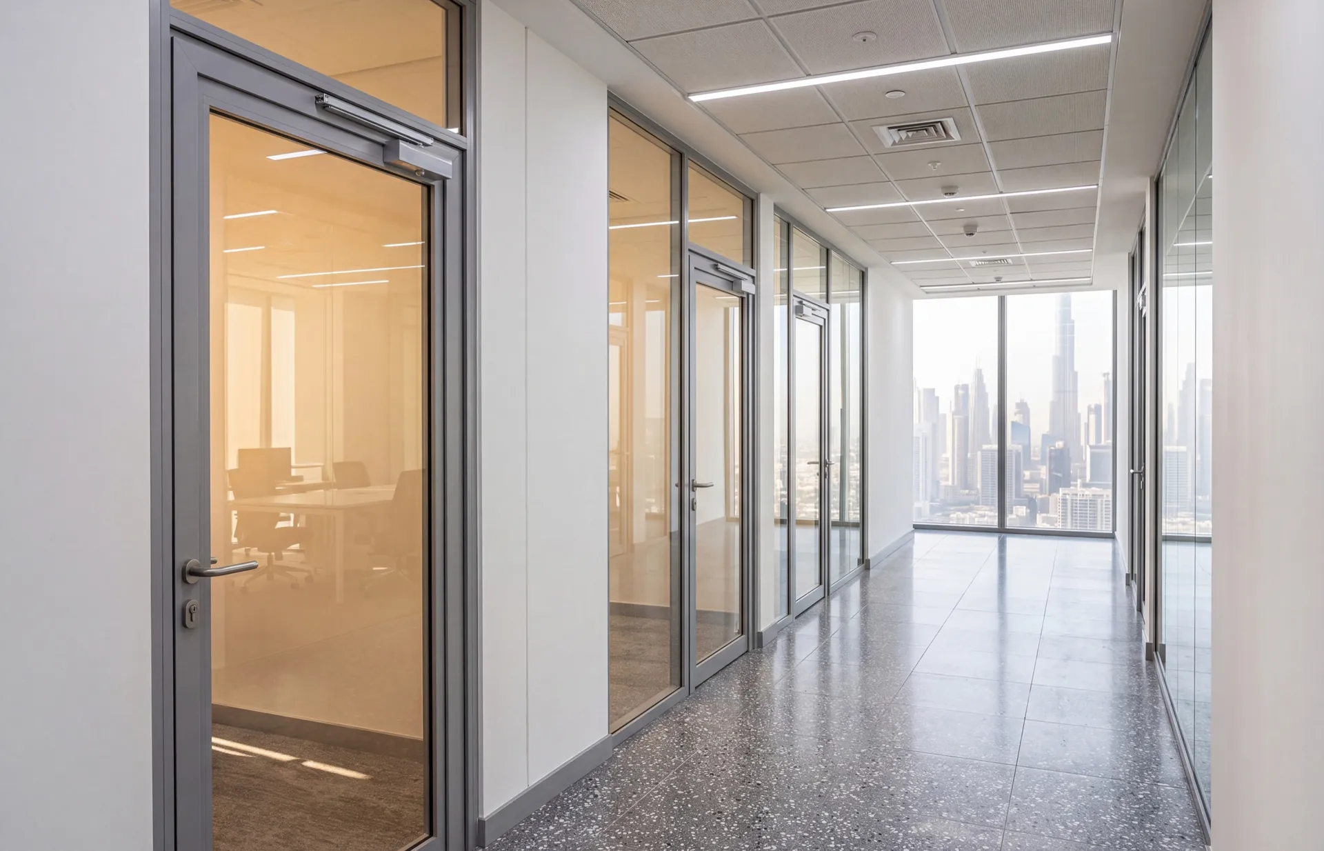 Glazed aluminium internal doors in an office corridor, single-glazed leaves with door closers