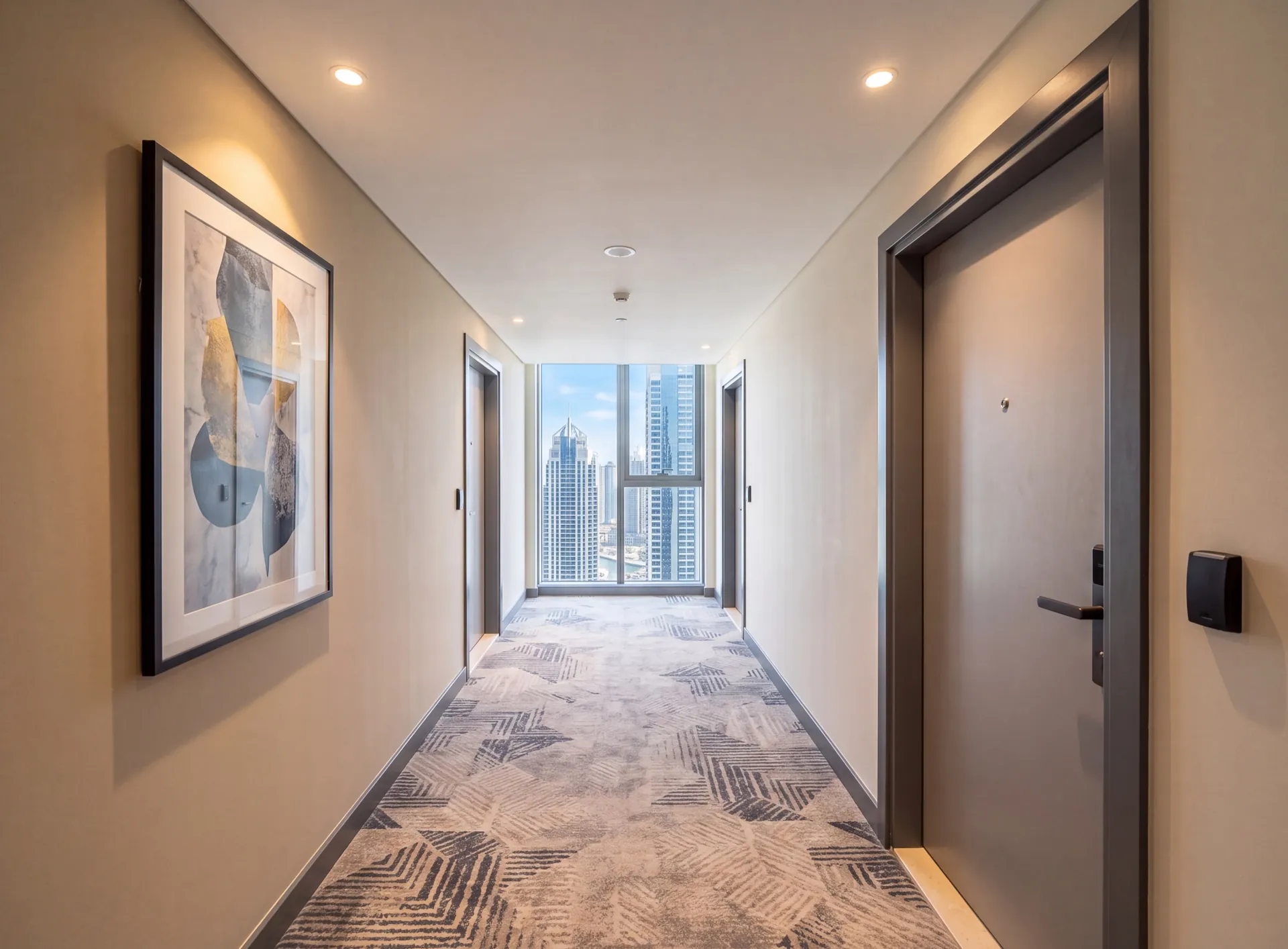 Aluminium apartment entrance door with a dark grey frame in a Dubai tower corridor
