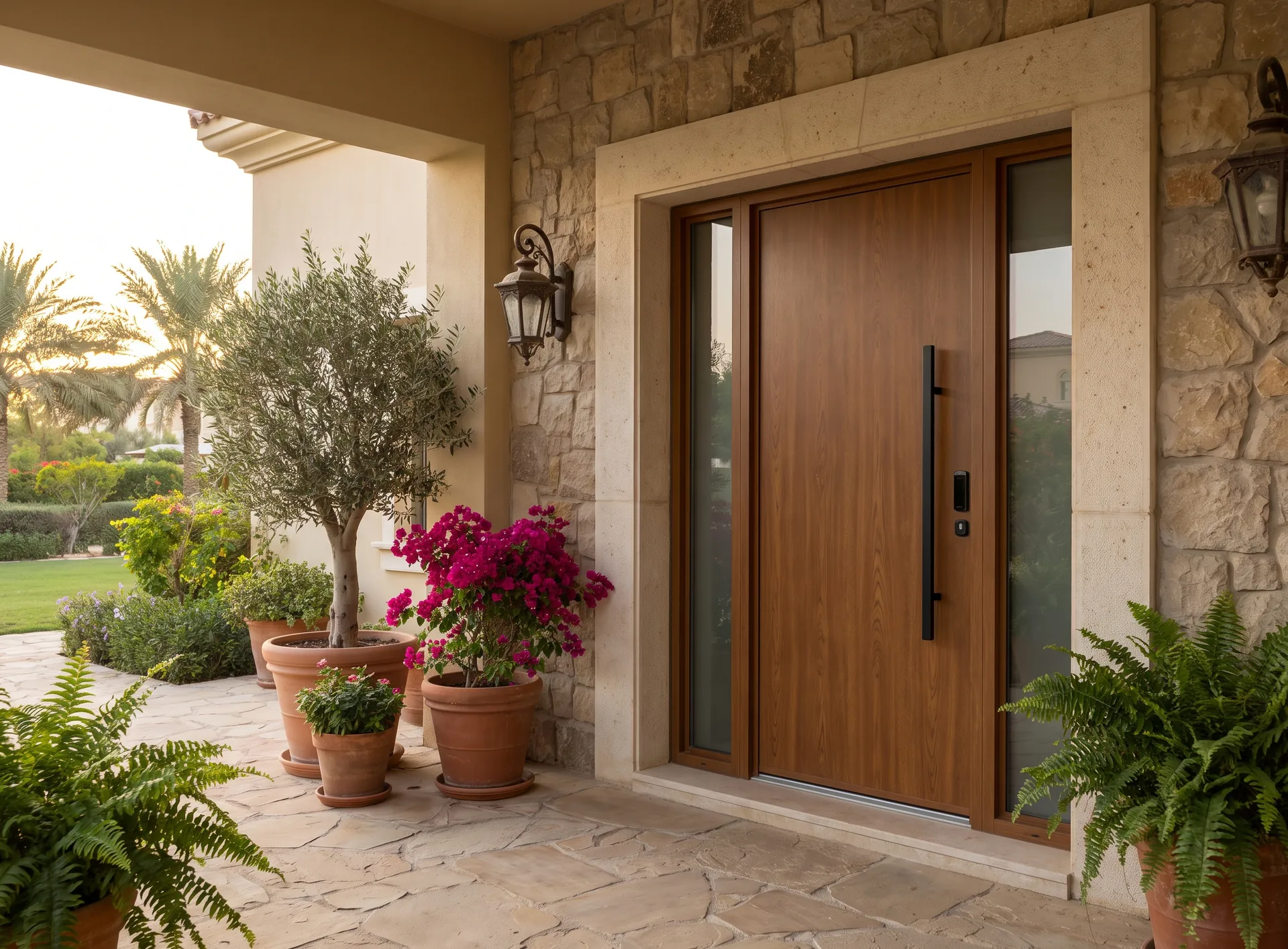 Aluminium entrance door with a warm wood-effect brown finish in a shaded Dubai villa porch