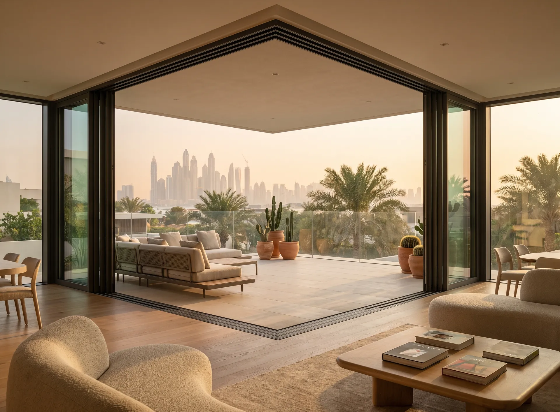 Corner sliding doors slid fully open at the corner of a modern Dubai villa living room, both glazed walls parked back so the corner stands empty onto a terrace