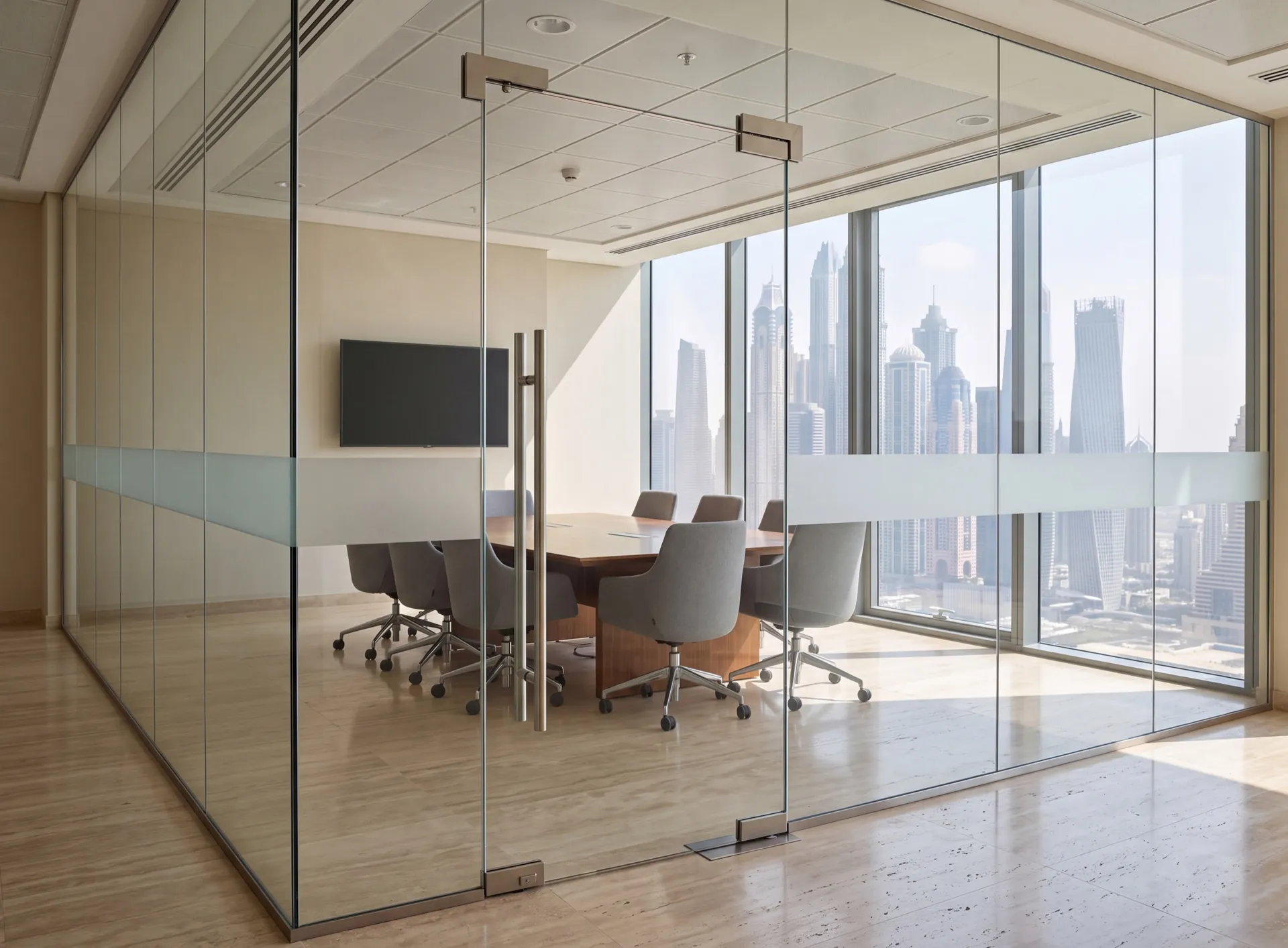 Frameless toughened glass door with stainless patch fittings and a floor spring in a contemporary Dubai office meeting room